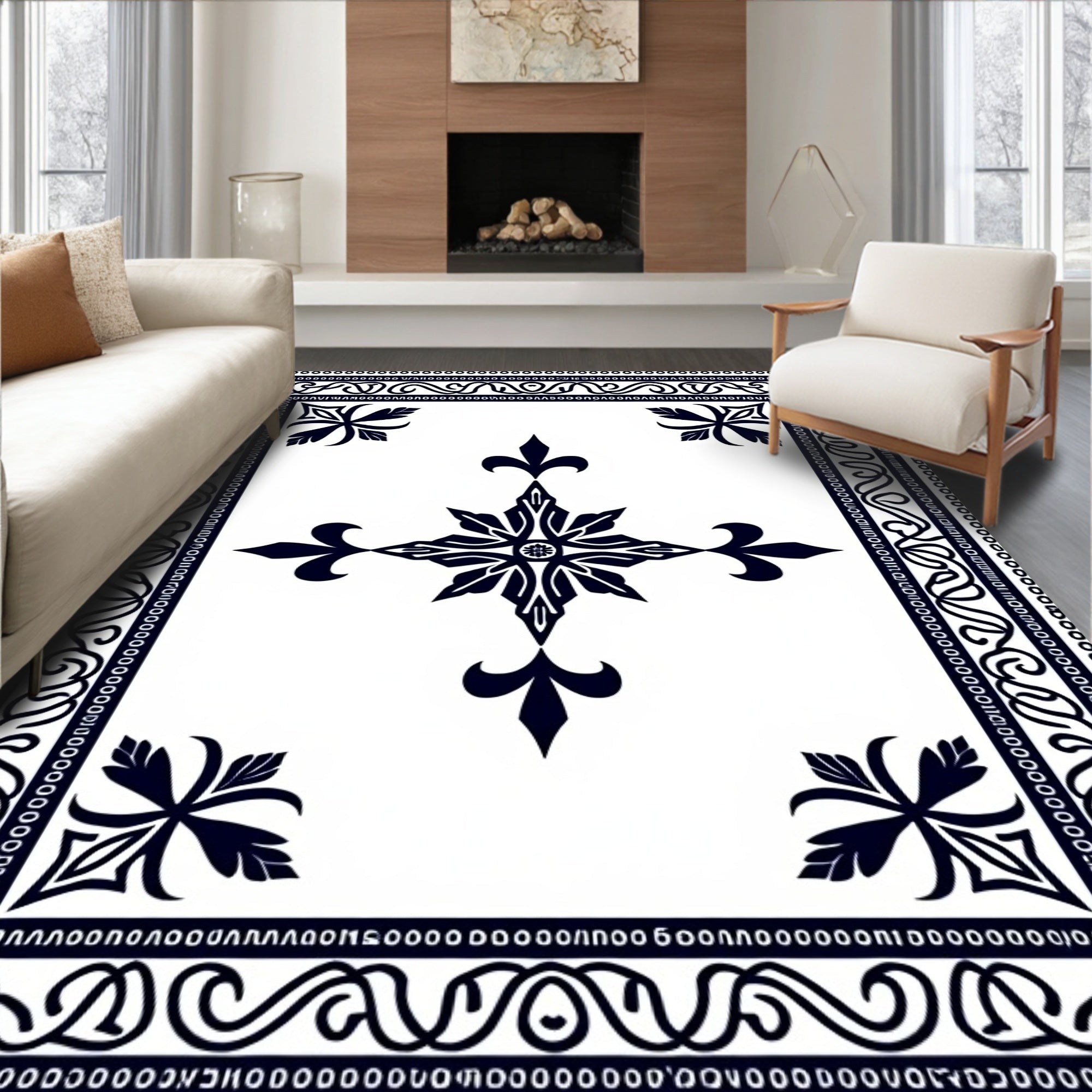 Midnight Blue Fleur De Lis Mandala Rug