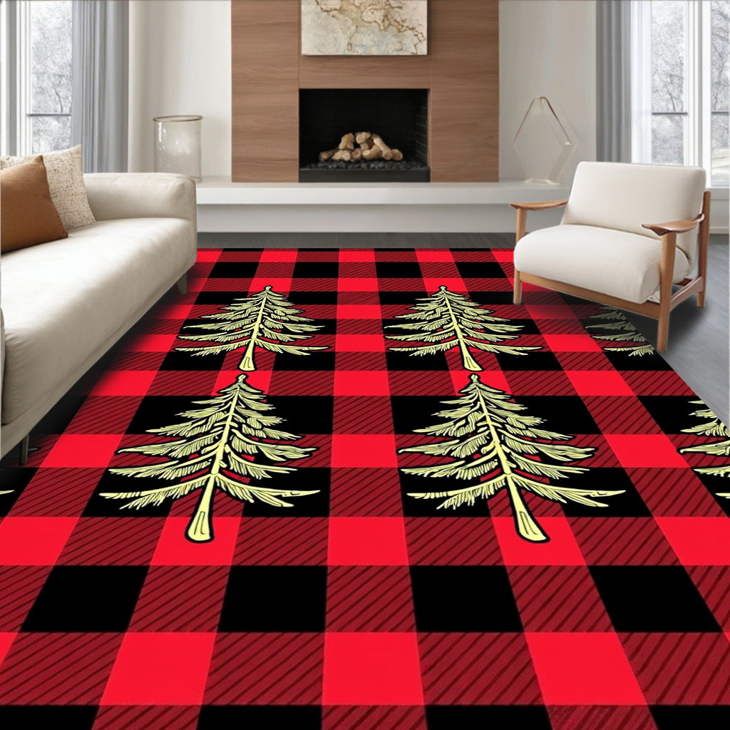 Red Black Buffalo Plaid Pine Tree Rug