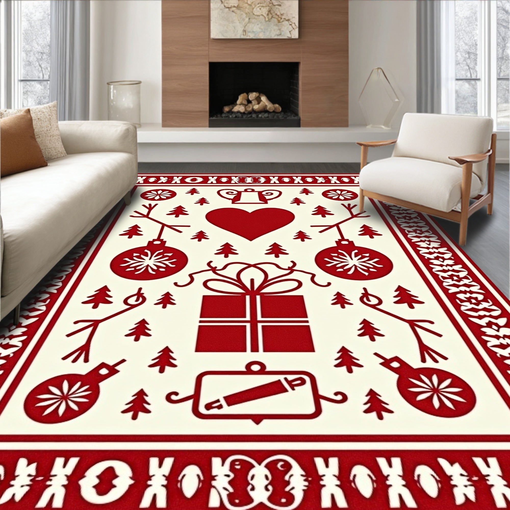 Red White Holiday Icons Gift Heart Rug
