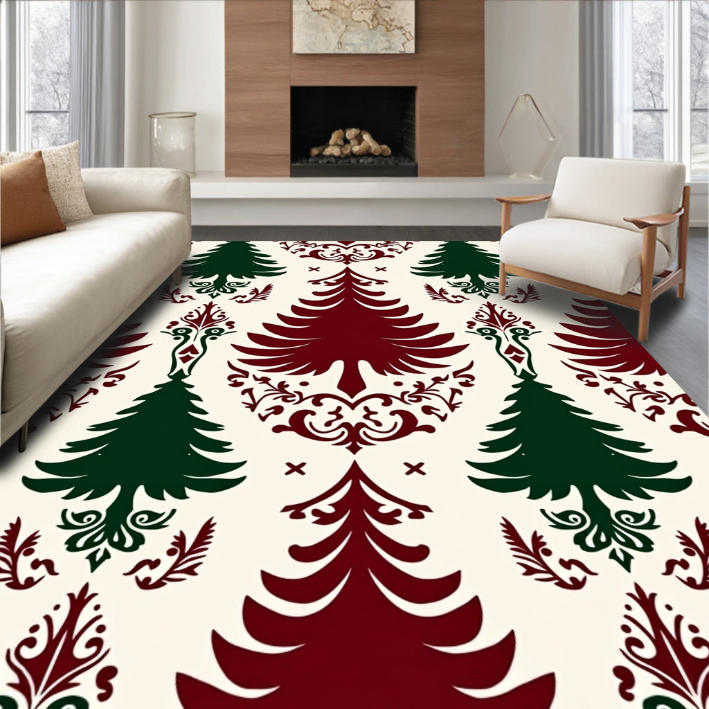 Classic Evergreen Trees Burgundy Cream Rug