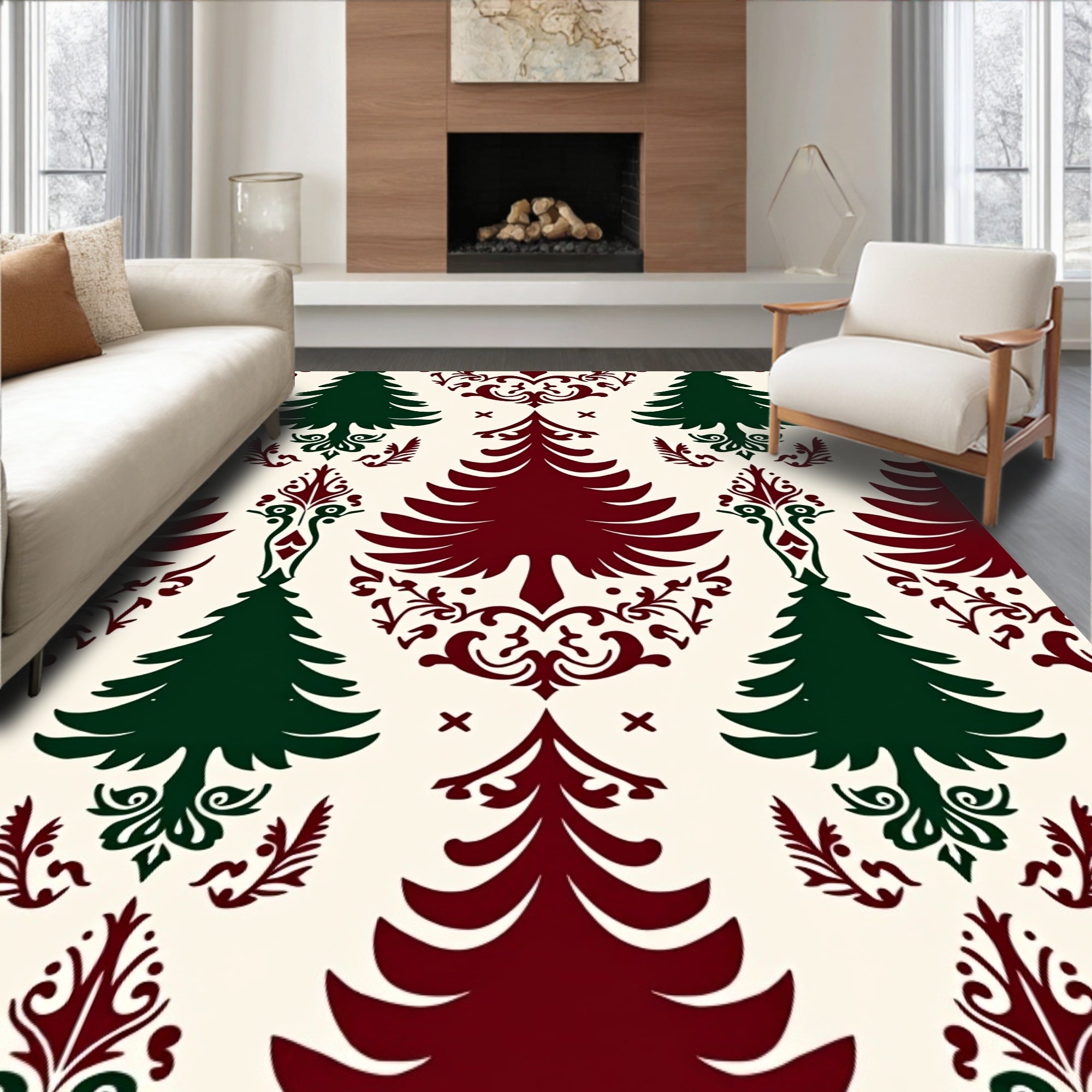 Classic Evergreen Trees Burgundy Cream Rug