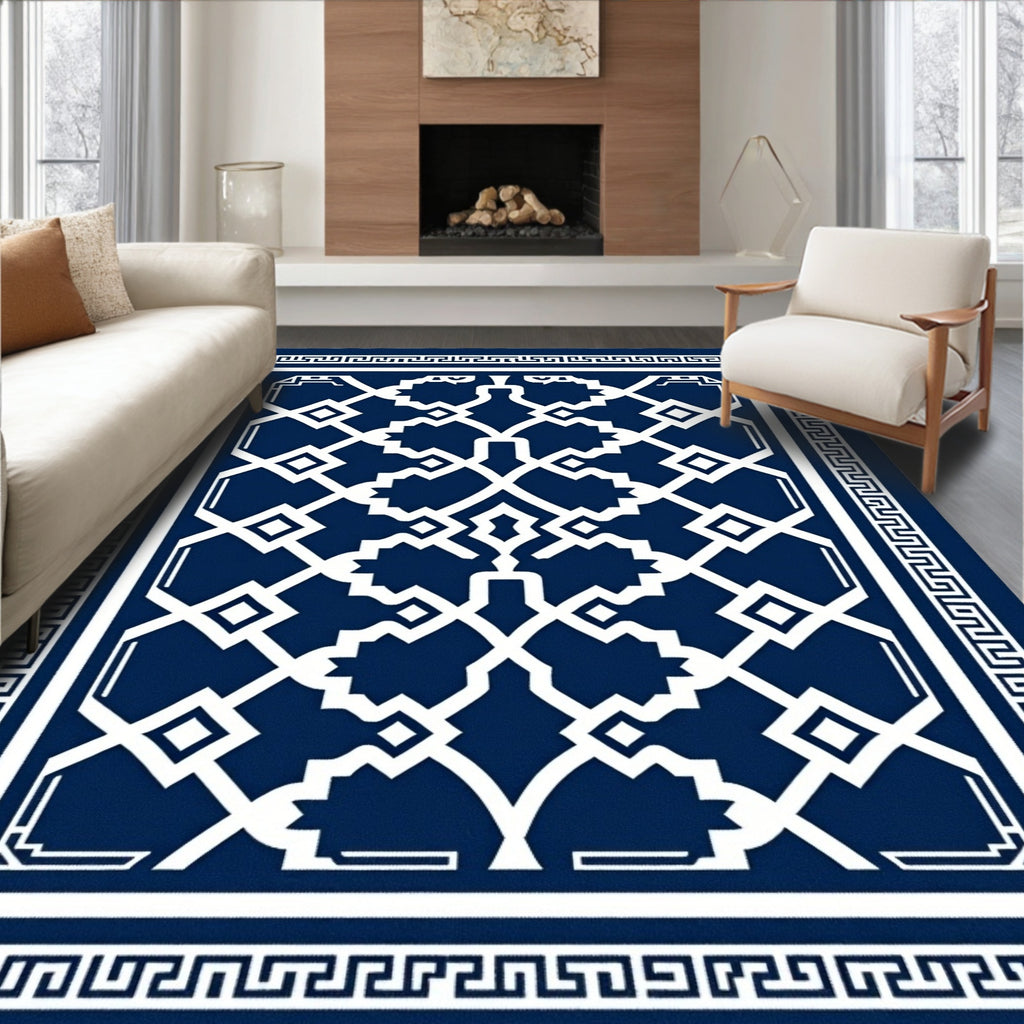 Classic Navy White Geometric Lattice Rug