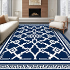 Classic Navy White Geometric Lattice Rug