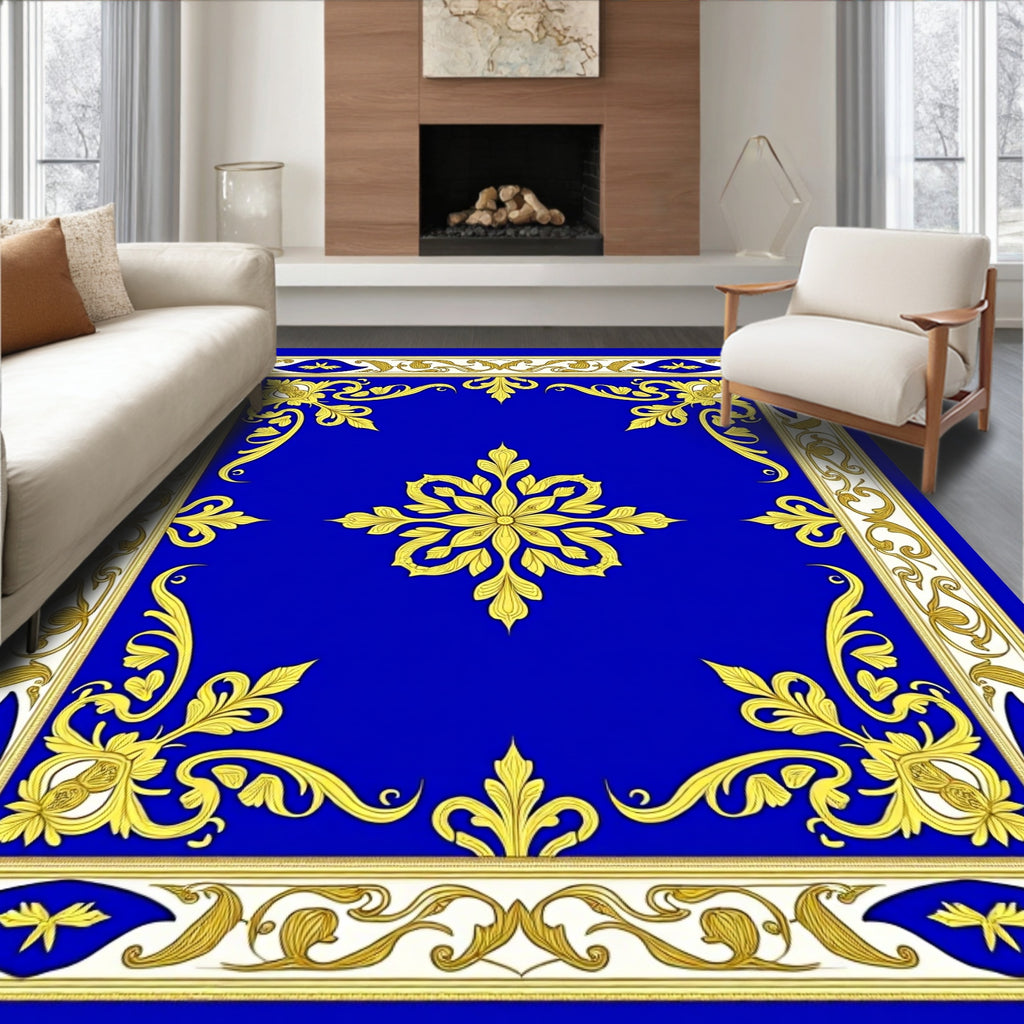 Royal Blue Golden Floral Medallion Rug