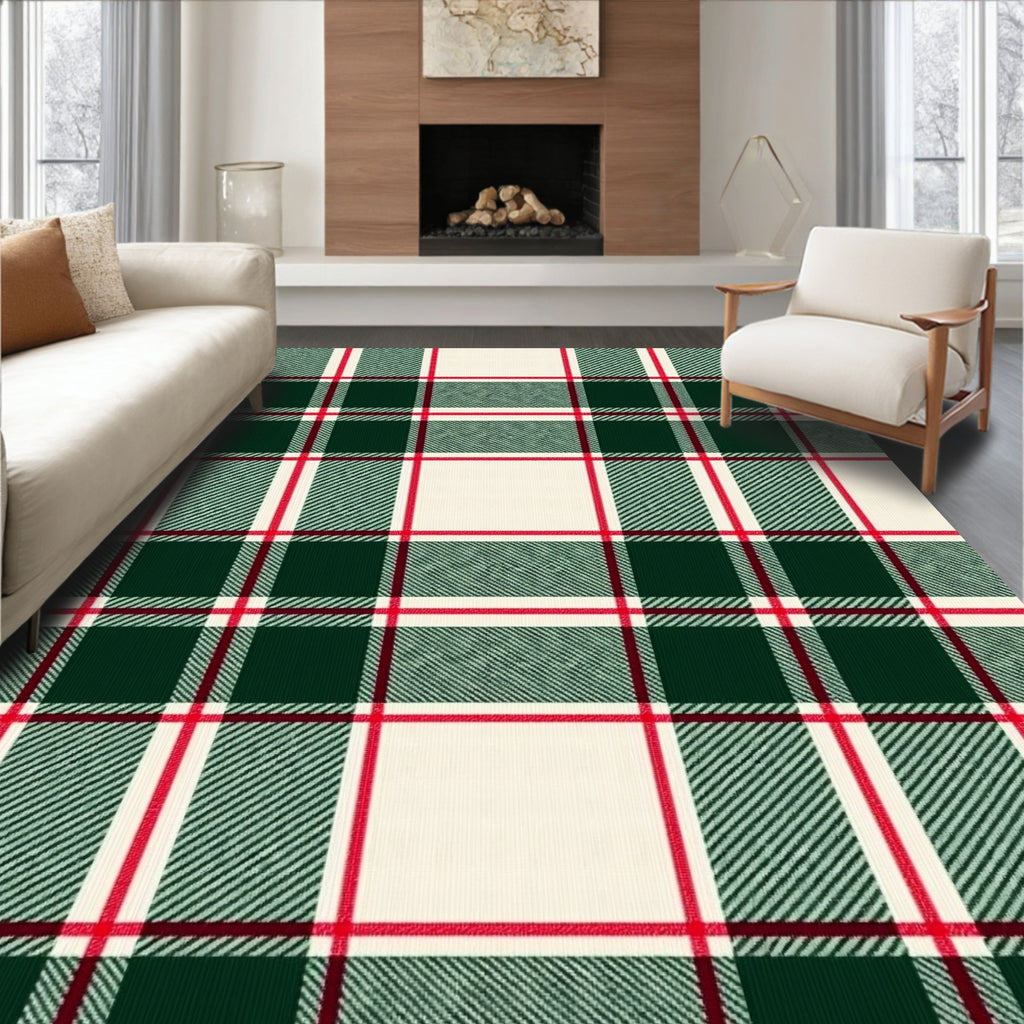 Classic Red Green Cream Plaid Rug