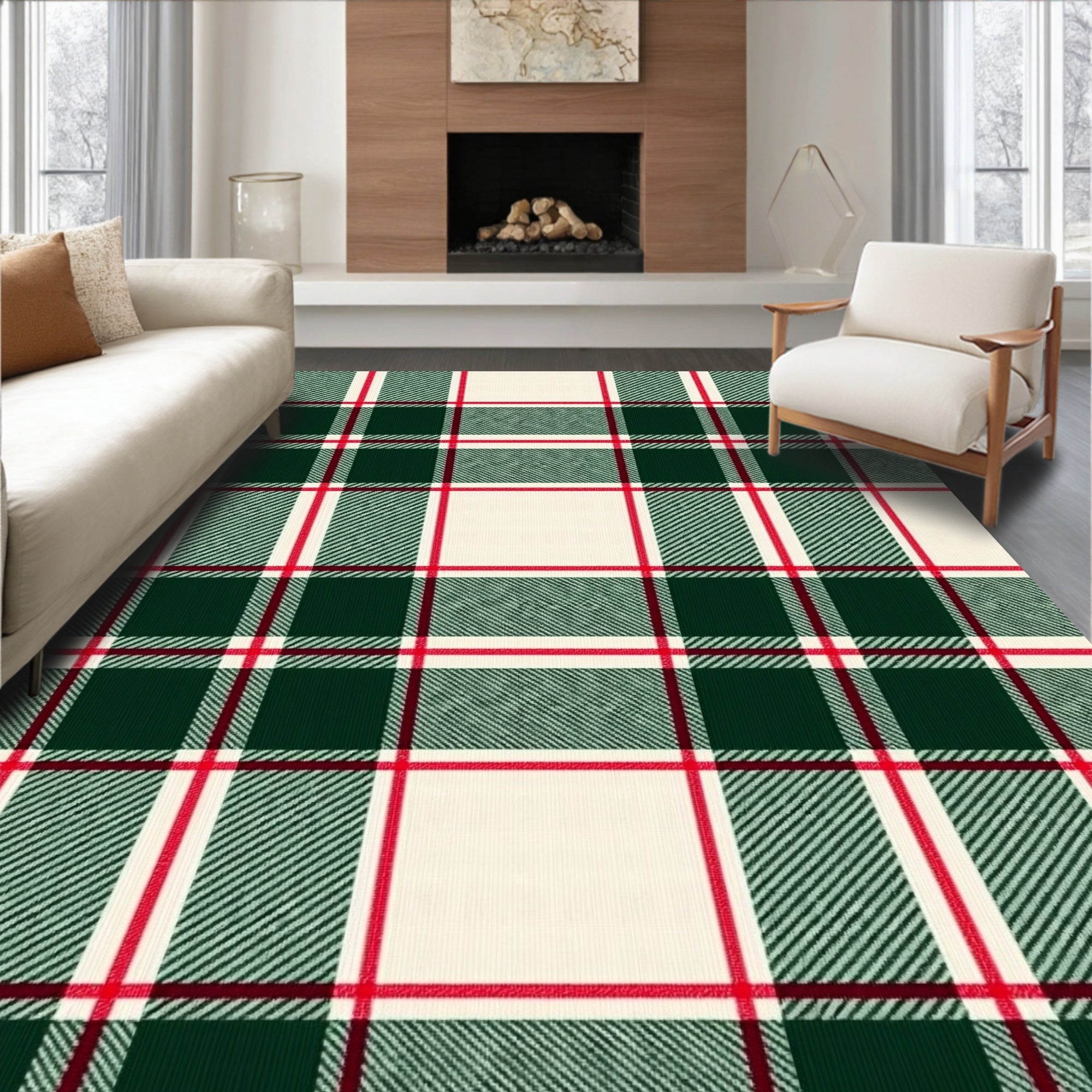 Classic Red Green Cream Plaid Rug