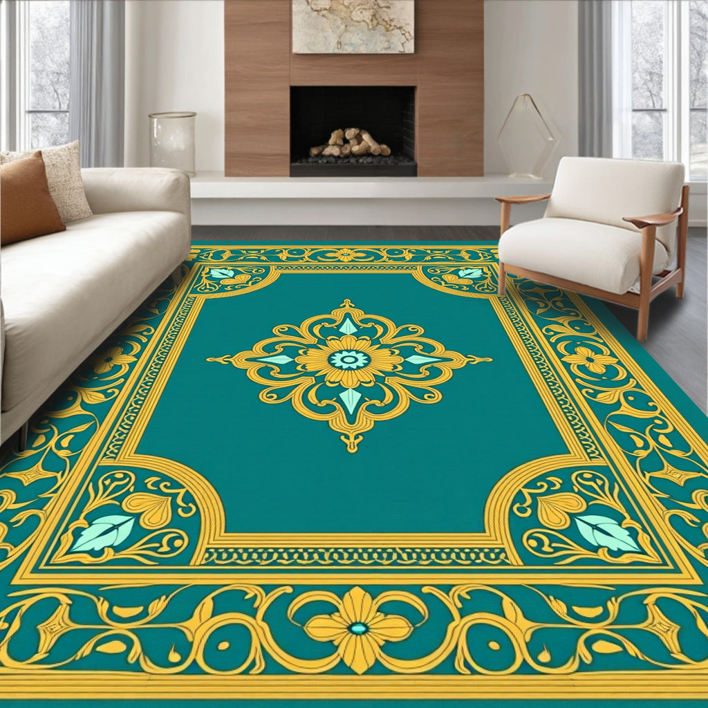 Turquoise Gold Floral Medallion Border Rug