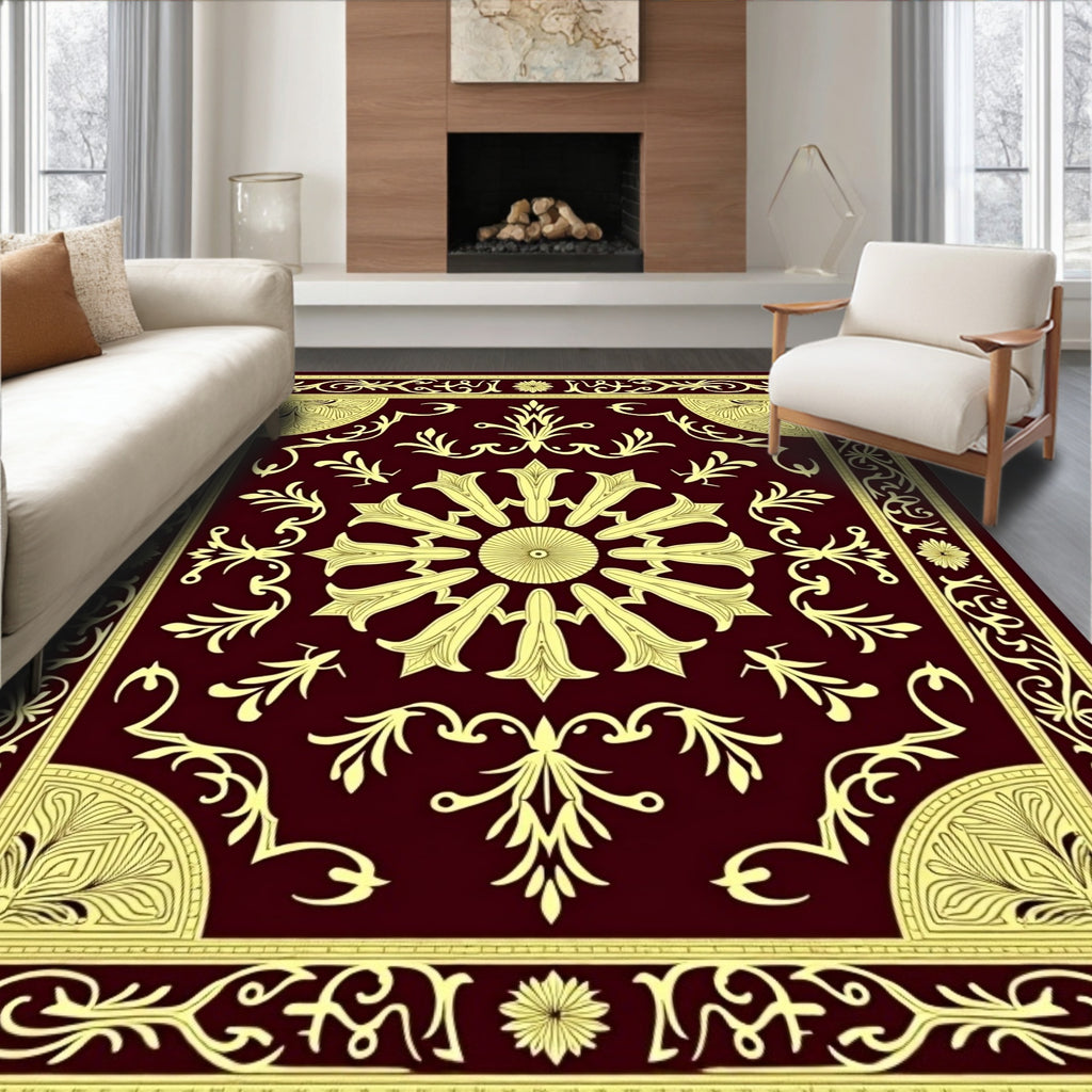Regal Crimson Golden Floral Border Rug