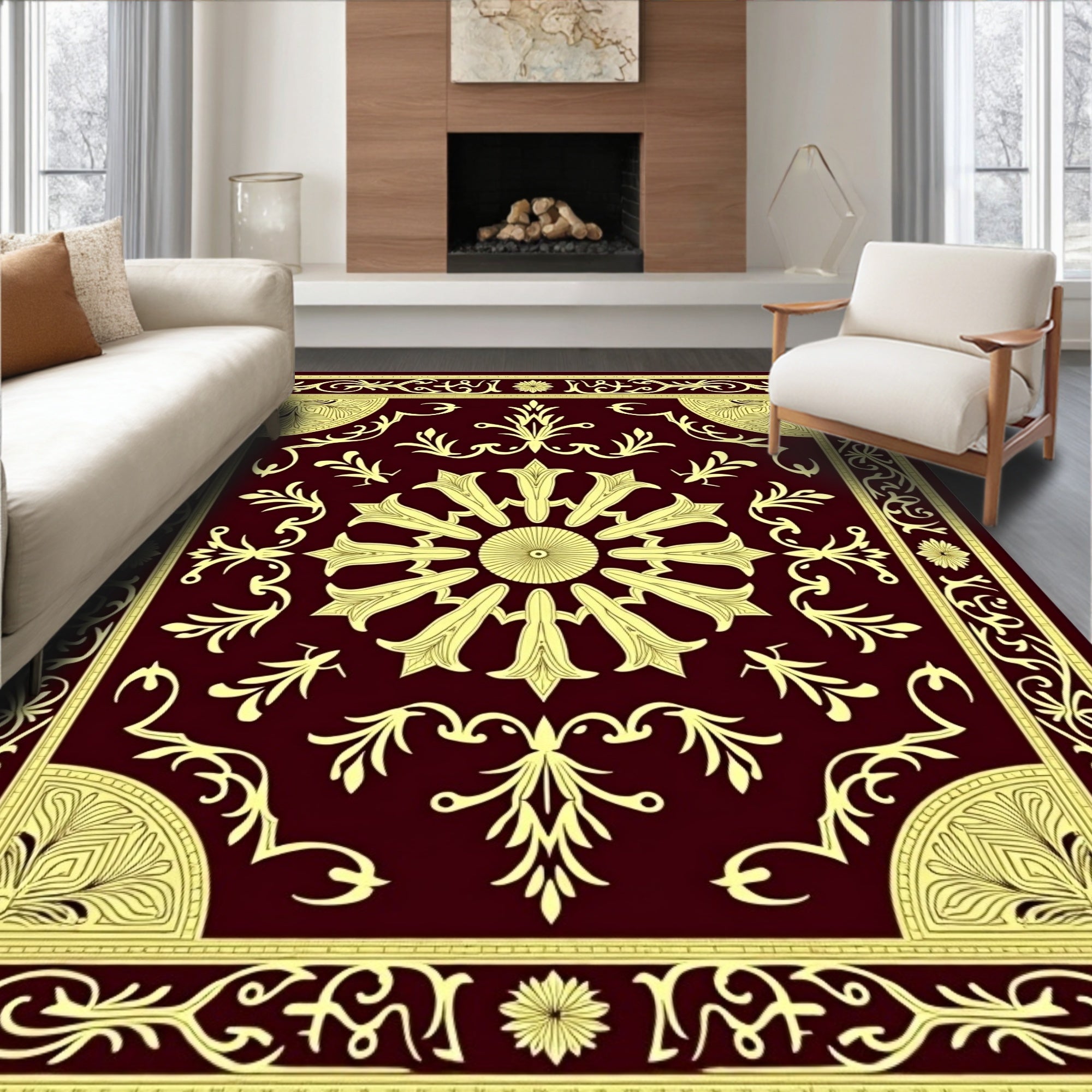 Regal Crimson Golden Floral Border Rug