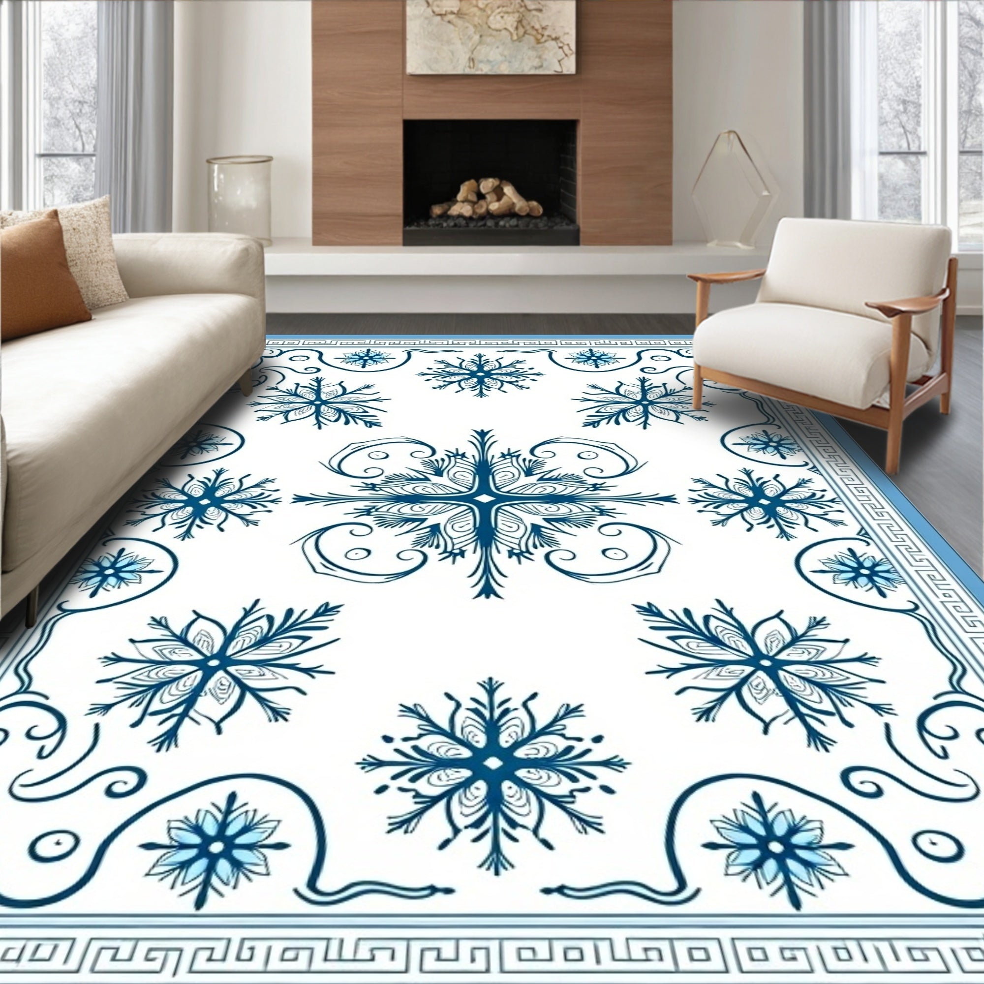 Navy Blue Snowflake Scroll Border Rug
