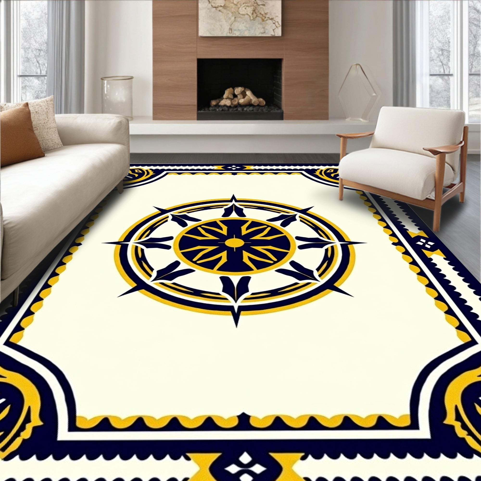 Nautical Navy Gold Compass Rose Rug