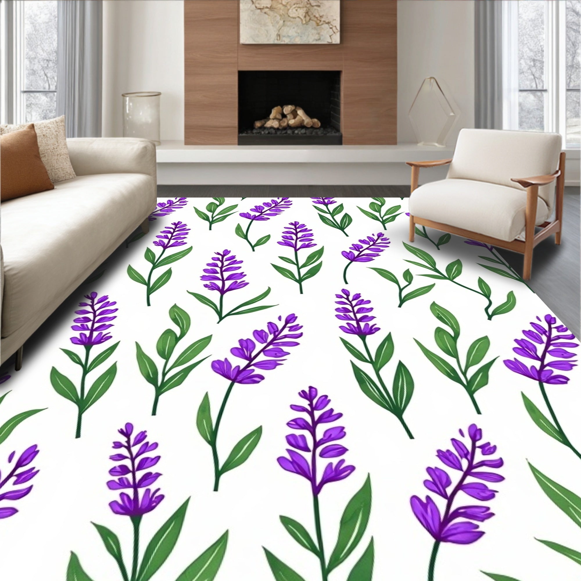 Purple Lavender Blooms Green Stems Rug