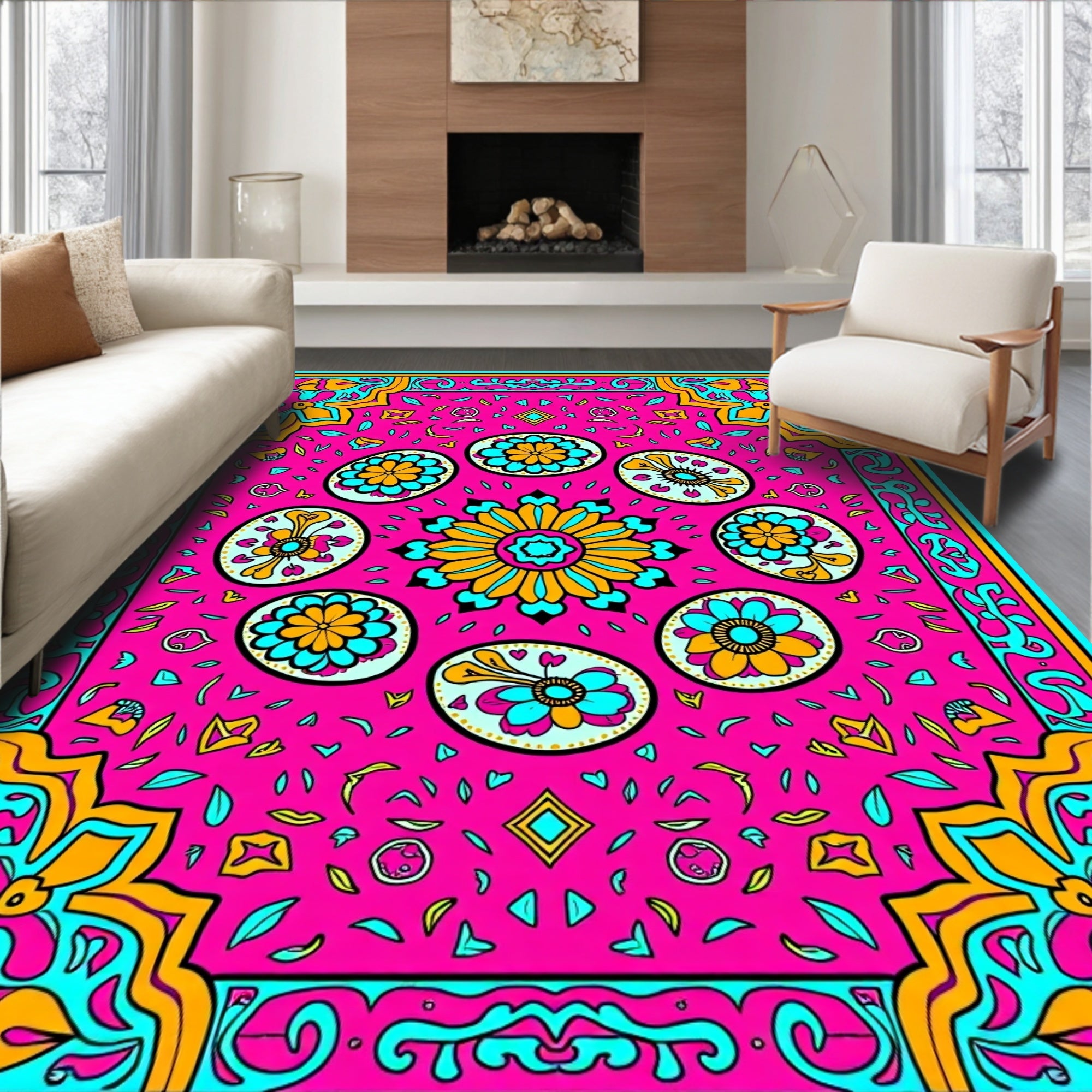 Vibrant Pink Floral Medallion Composition Rug
