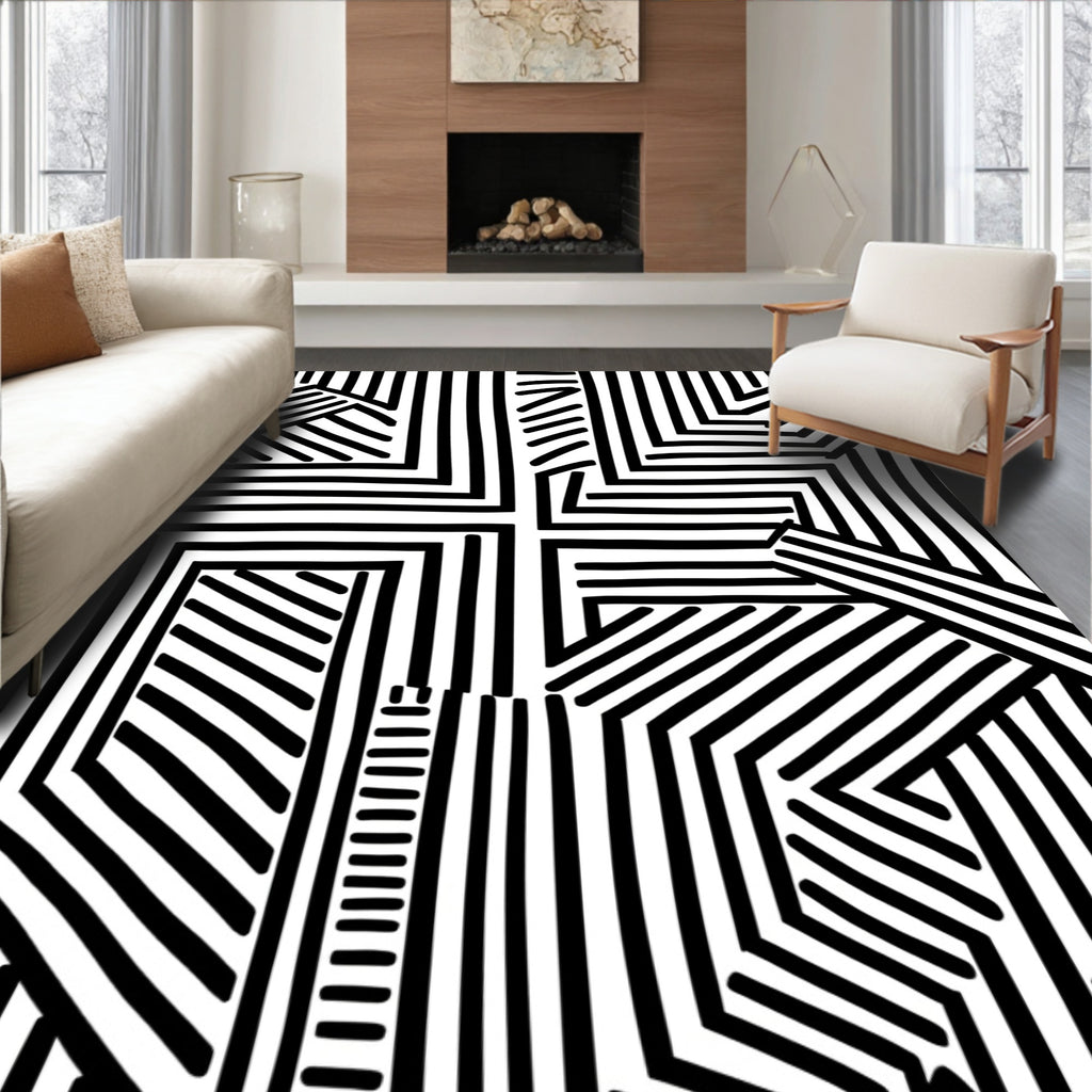 Bold Black White Abstract Rectilinear Art Rug