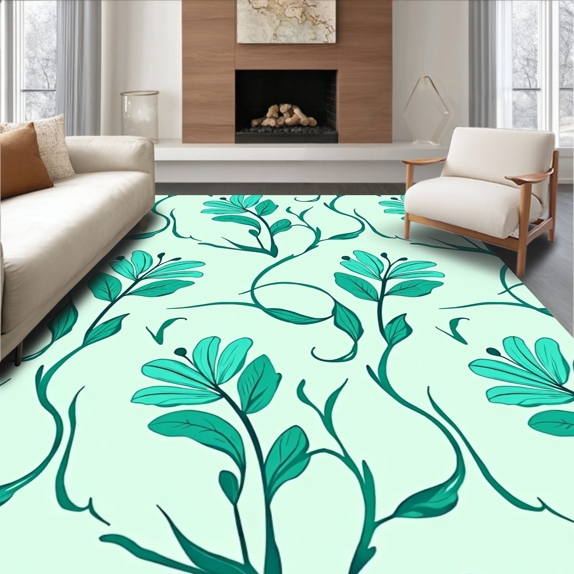 Teal Floral Vine Garden Rug