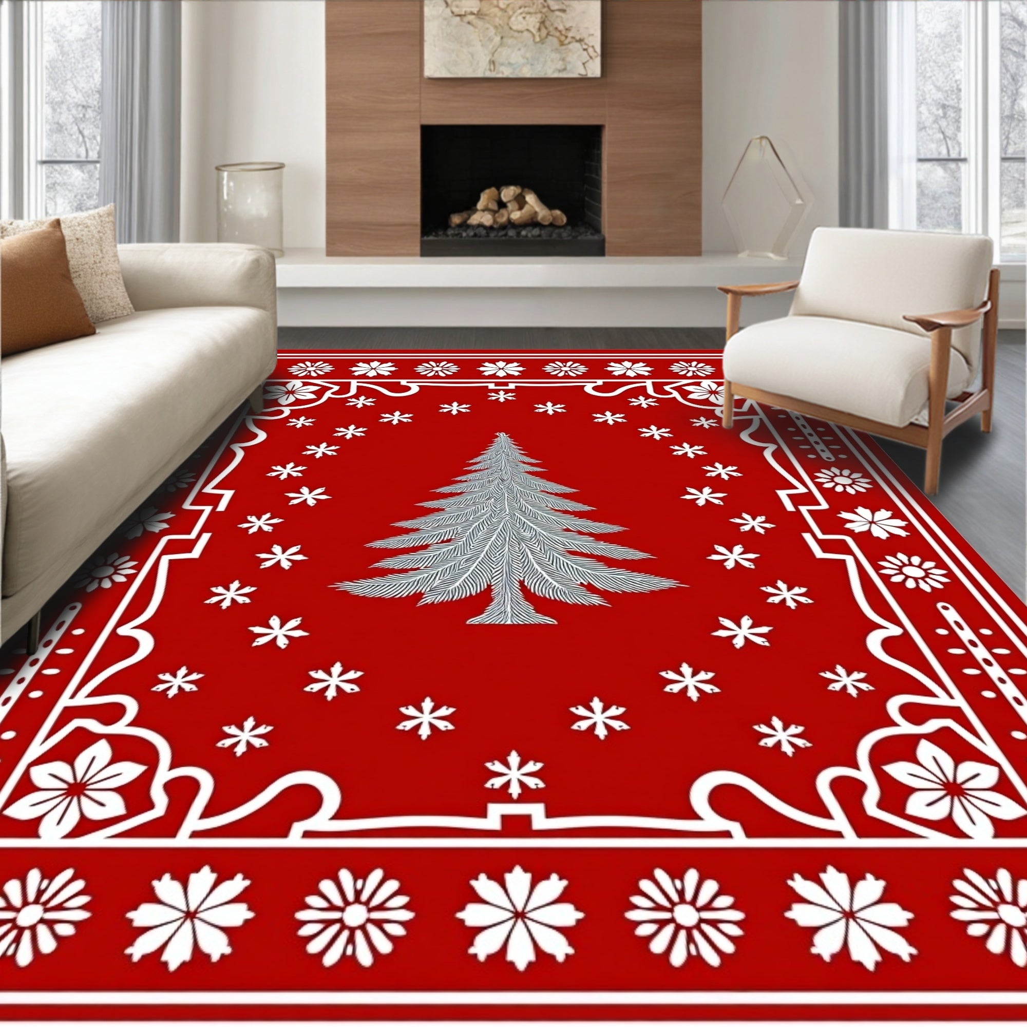 Crimson Winter Tree Snowflake Border Rug