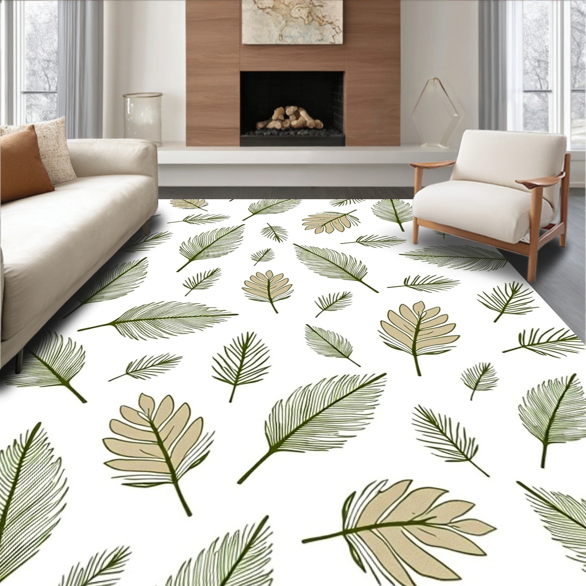 Green Beige Palm Leaf Repeating Pattern Rug