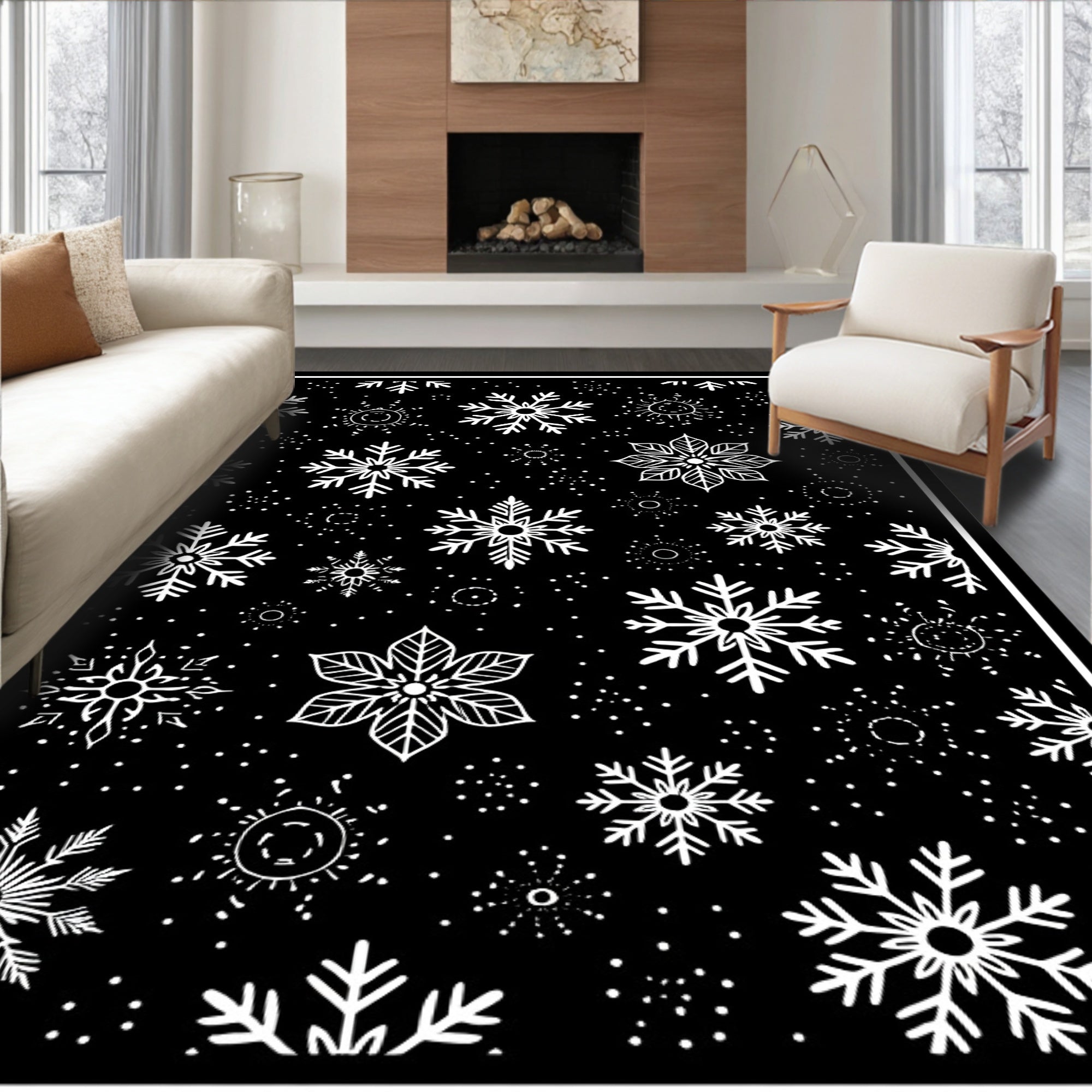 Black White Snowflake Scatter Rug