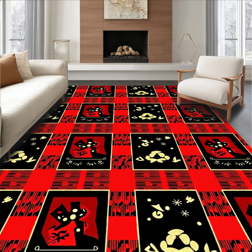 Bold Red Black Geometric Figure Rug