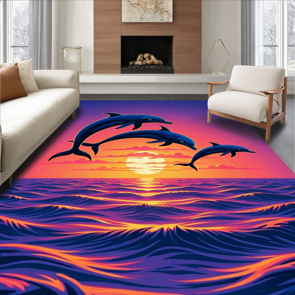 Vibrant Three Dolphins Sunset Ocean Waves Rug