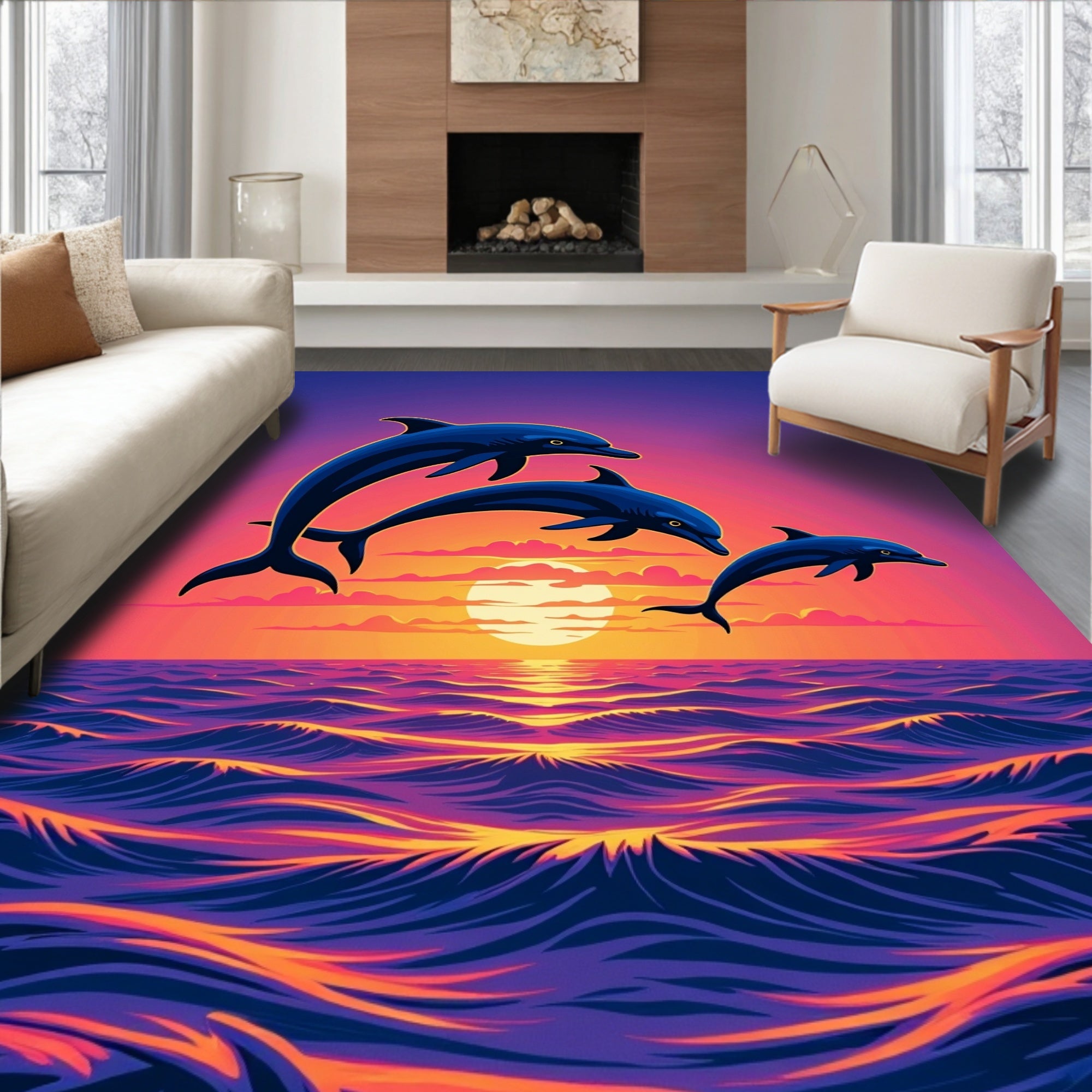 Vibrant Three Dolphins Sunset Ocean Waves Rug