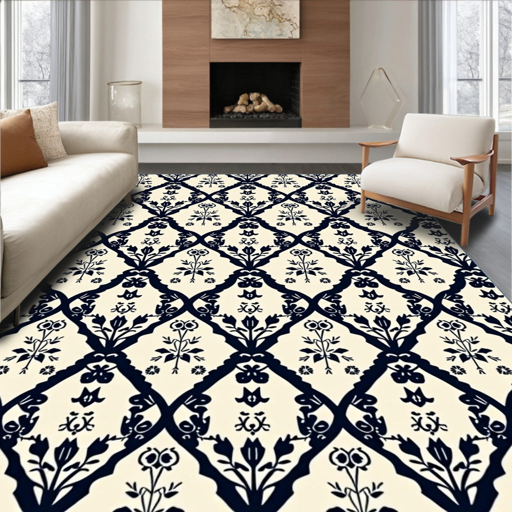 Cream and Navy Floral Trellis Rug