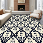 Cream and Navy Floral Trellis Rug
