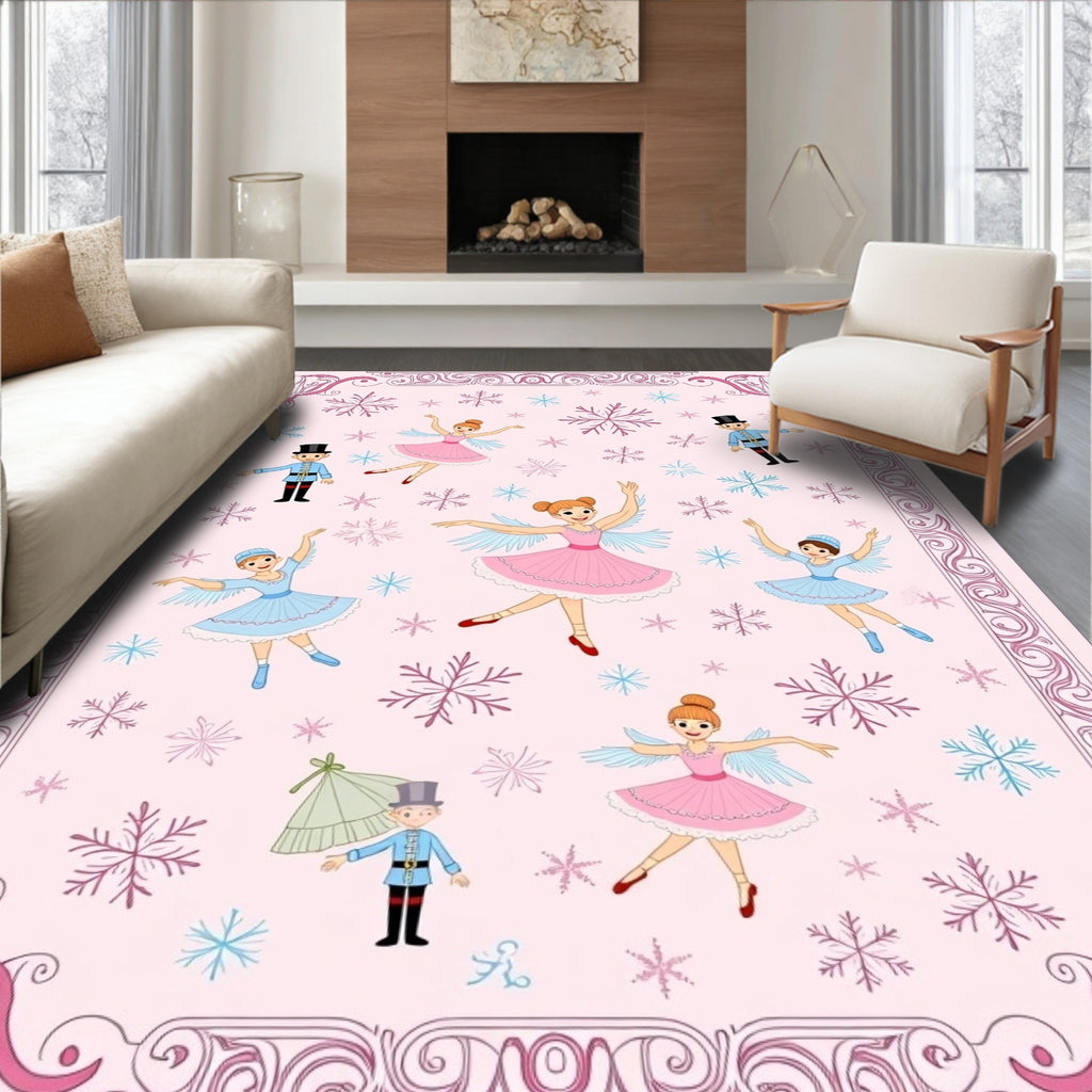 Pink Ballerinas and Nutcrackers Snowflakes Rug