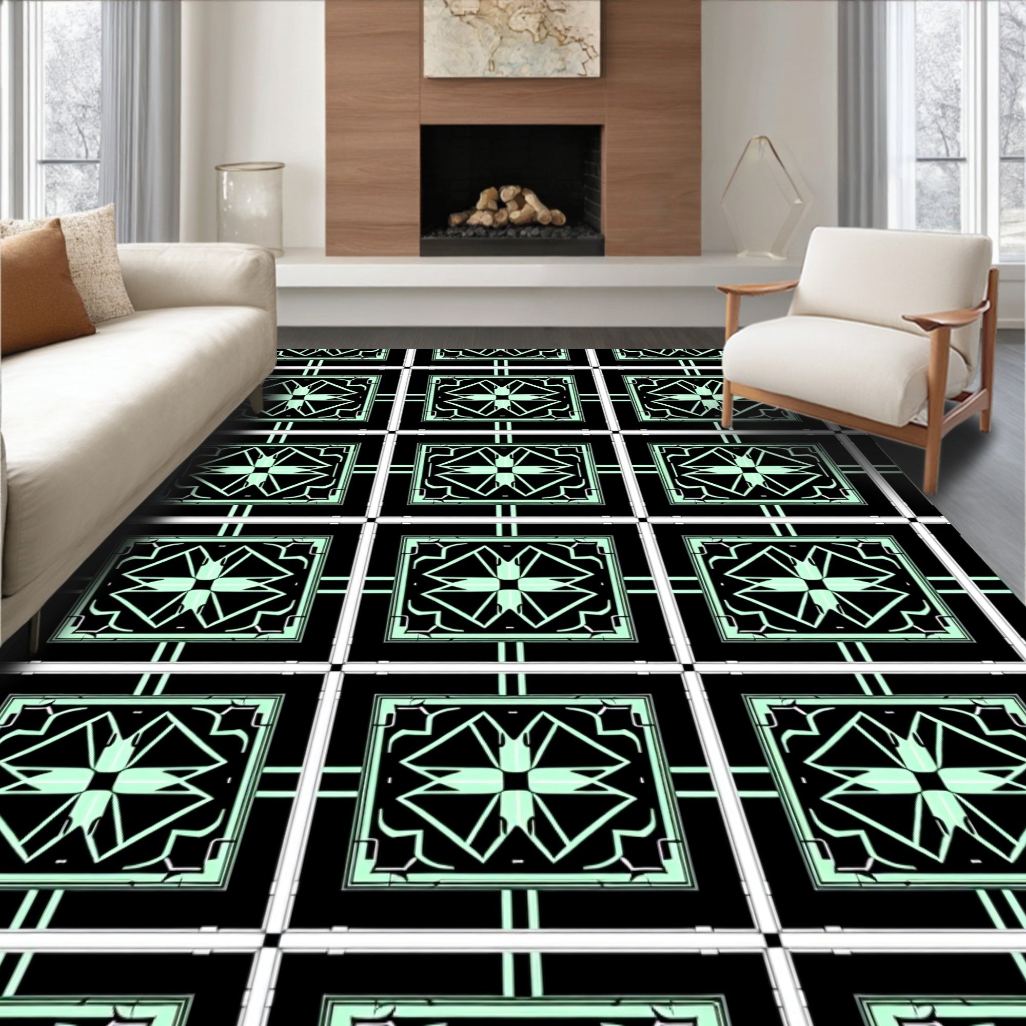Black Mint Geometric Deco Square Rug