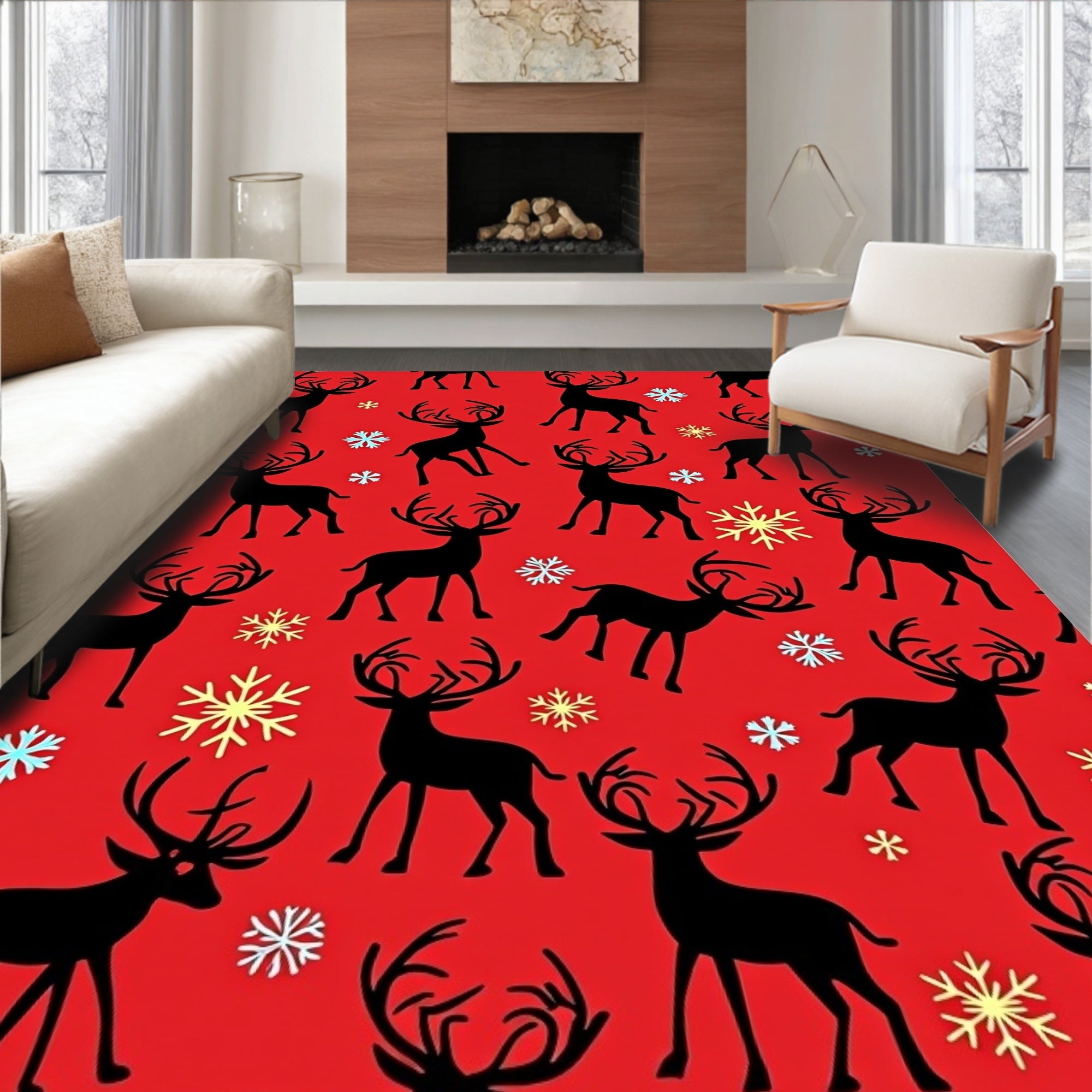Black Reindeer Red Snowflakes Background Rug