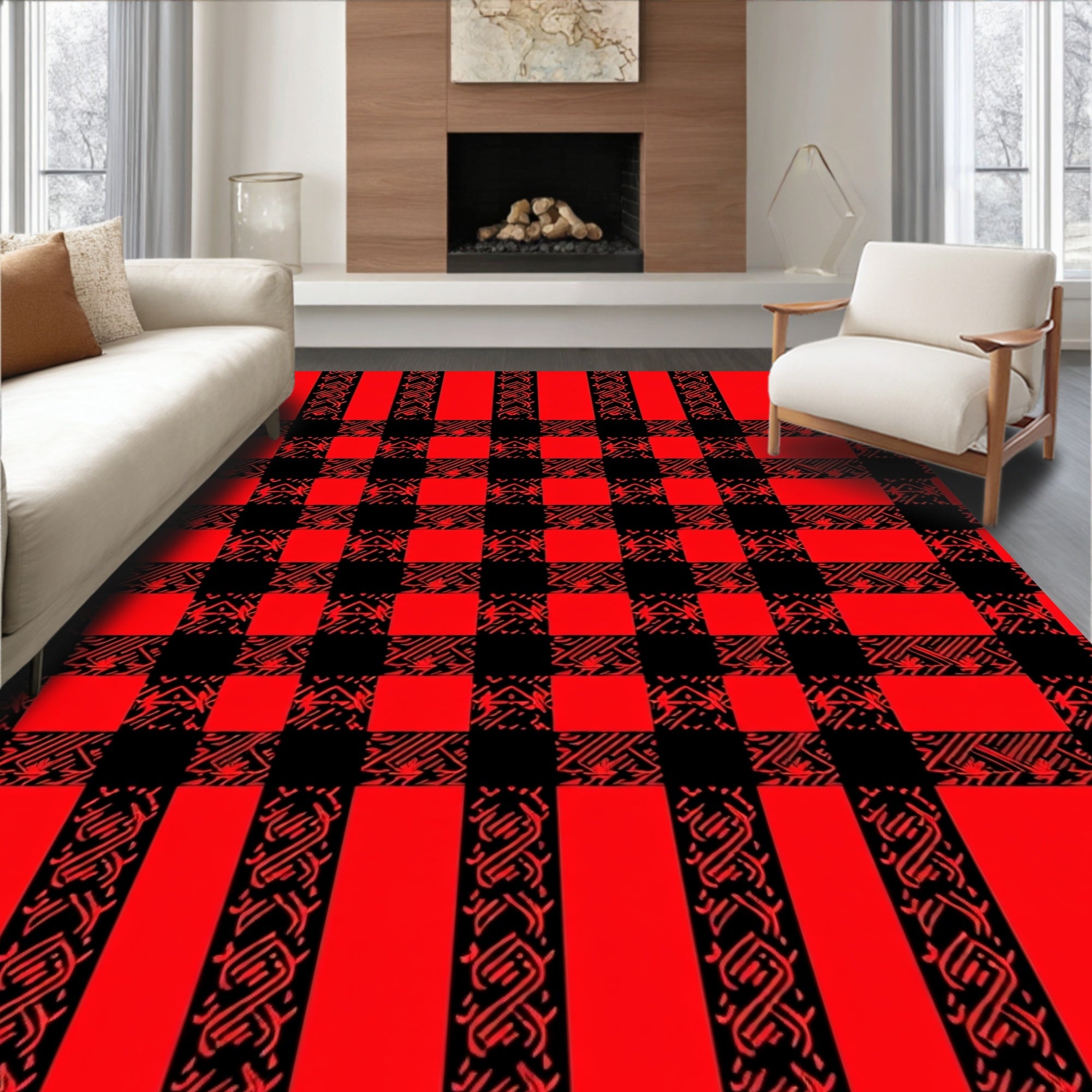 Bold Red Geometric Plaid Weave Rug