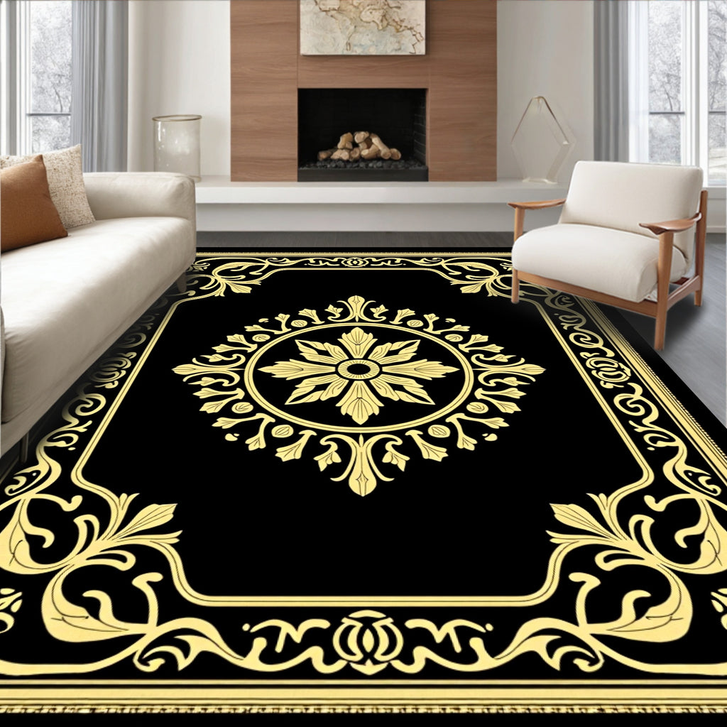 Golden Black Floral Border Medallion Rug