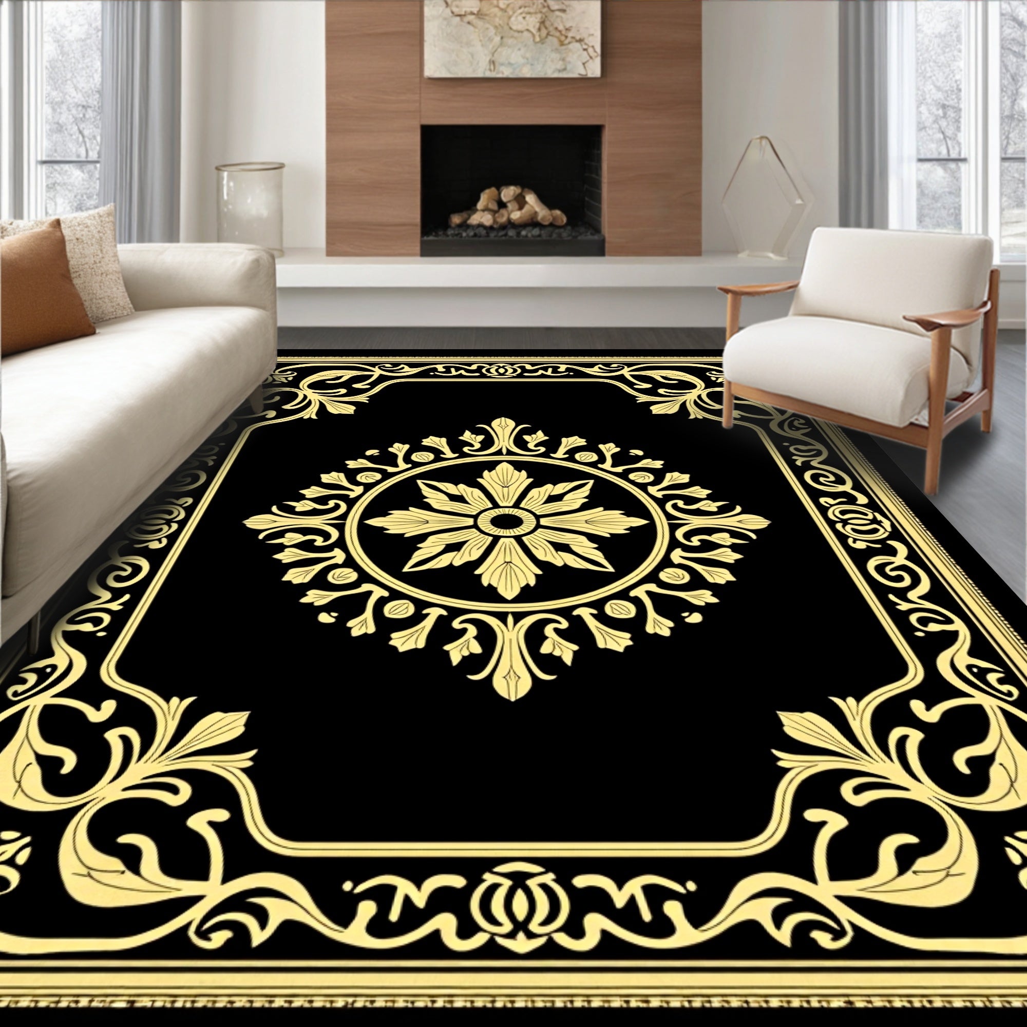 Golden Black Floral Border Medallion Rug
