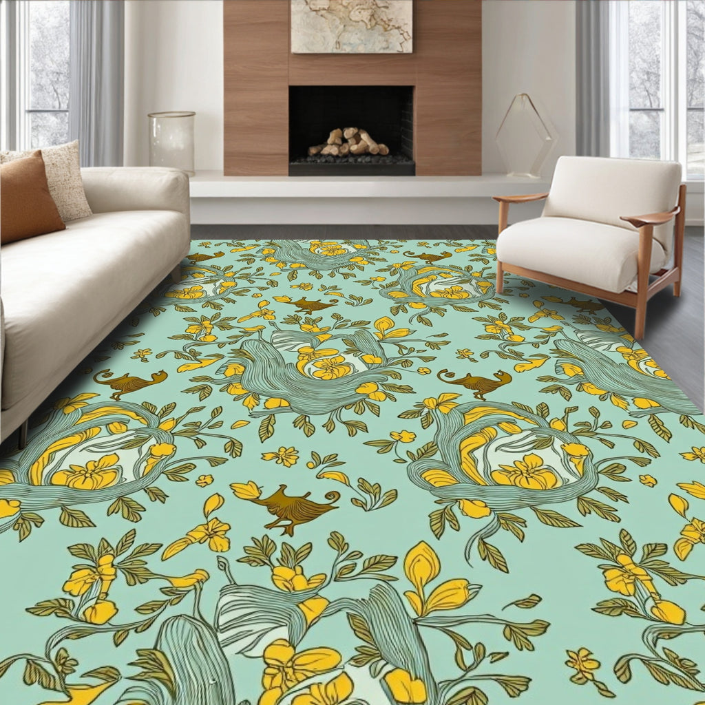 Whimsical Teal Yellow Bird Floral Garden Rug