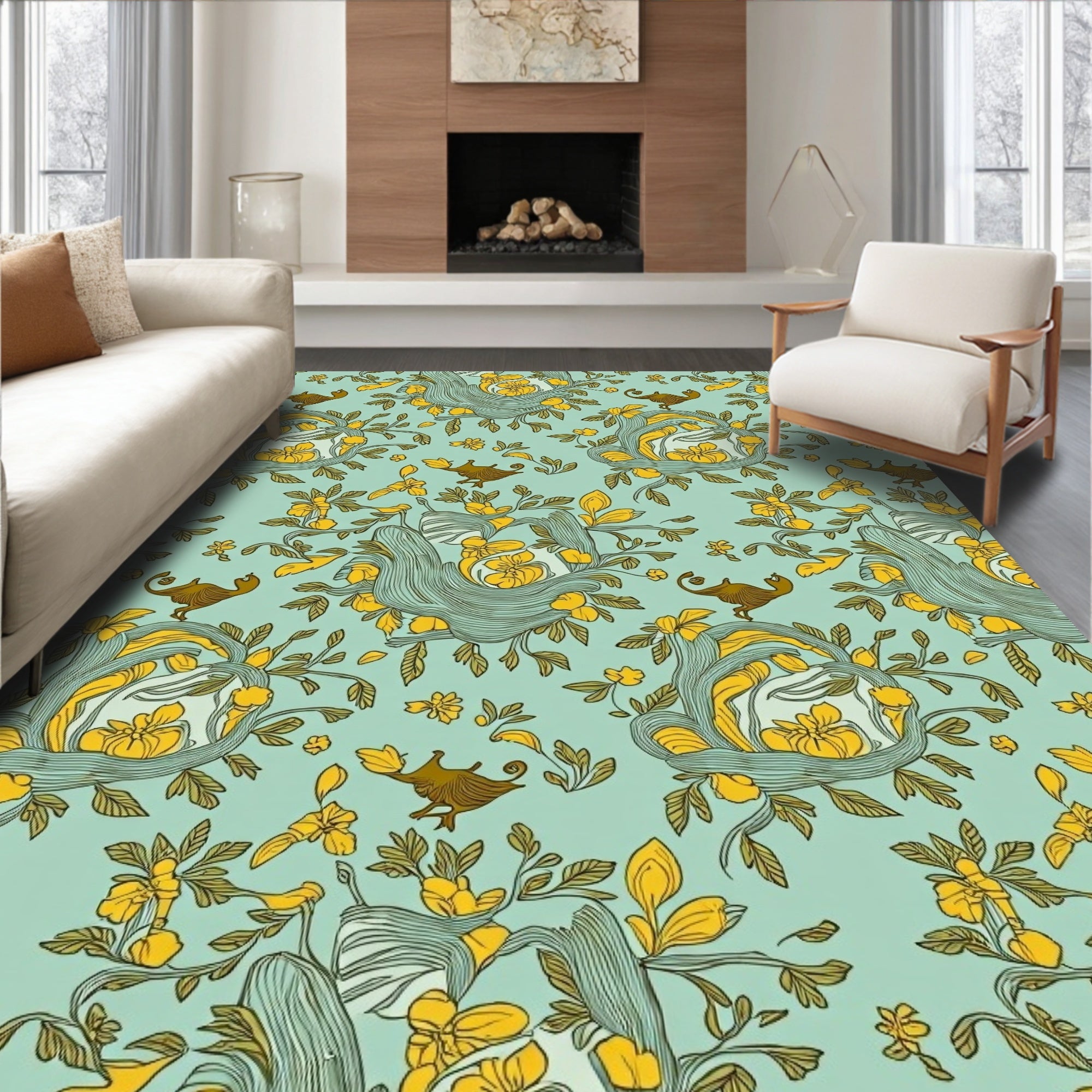 Whimsical Teal Yellow Bird Floral Garden Rug