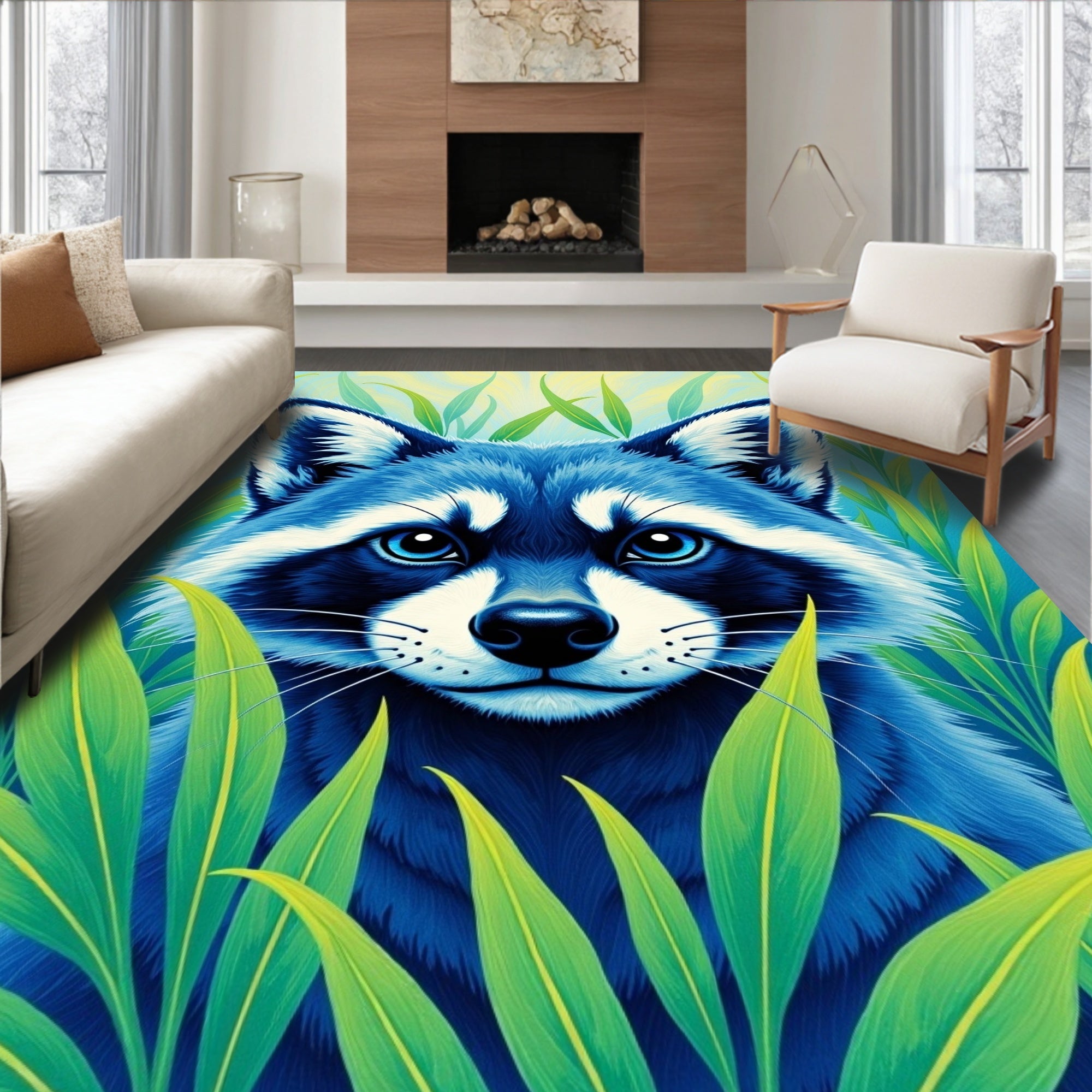 Vibrant Blue Raccoon Among Green Leaves Rug