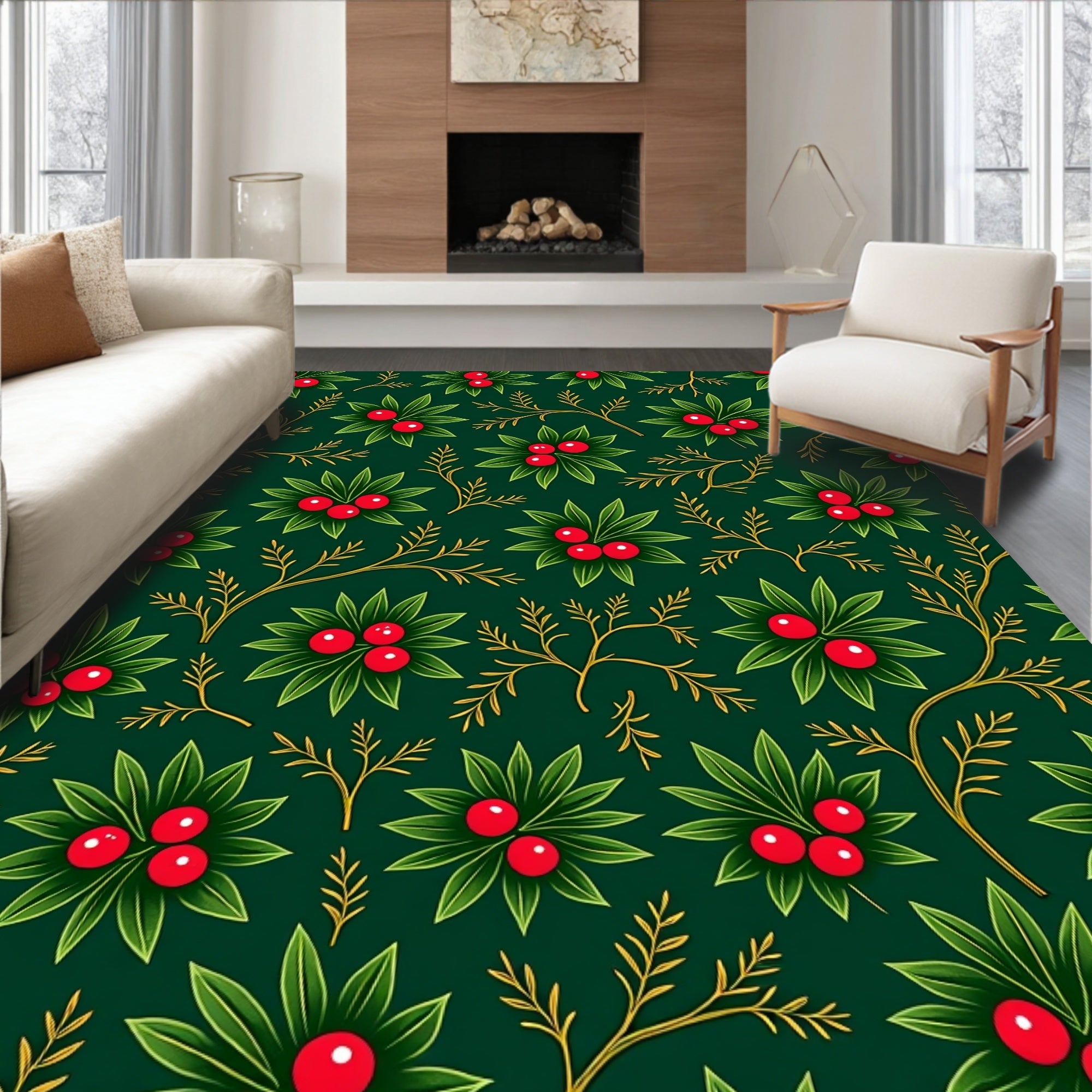 Deep Green Holly Berry Branch Rug