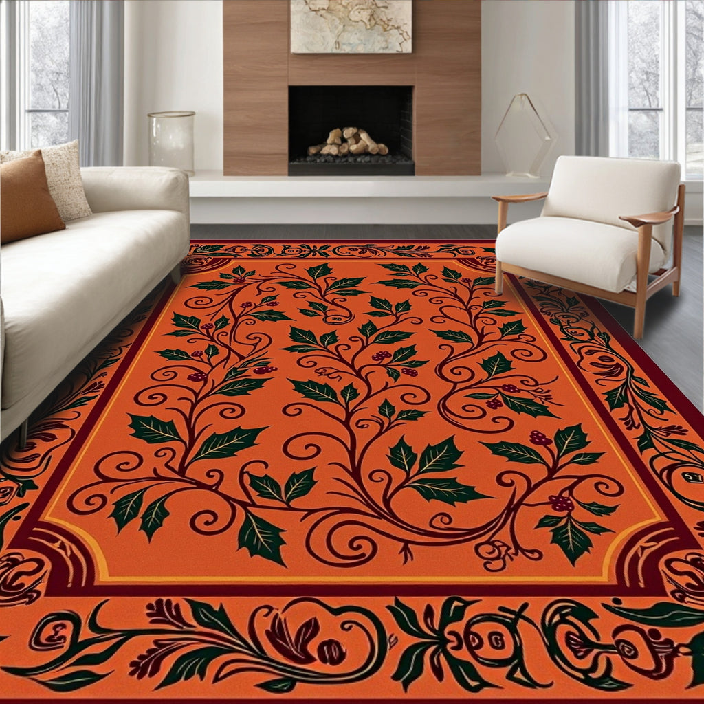 Vibrant Orange Holly Vine Medallion Rug