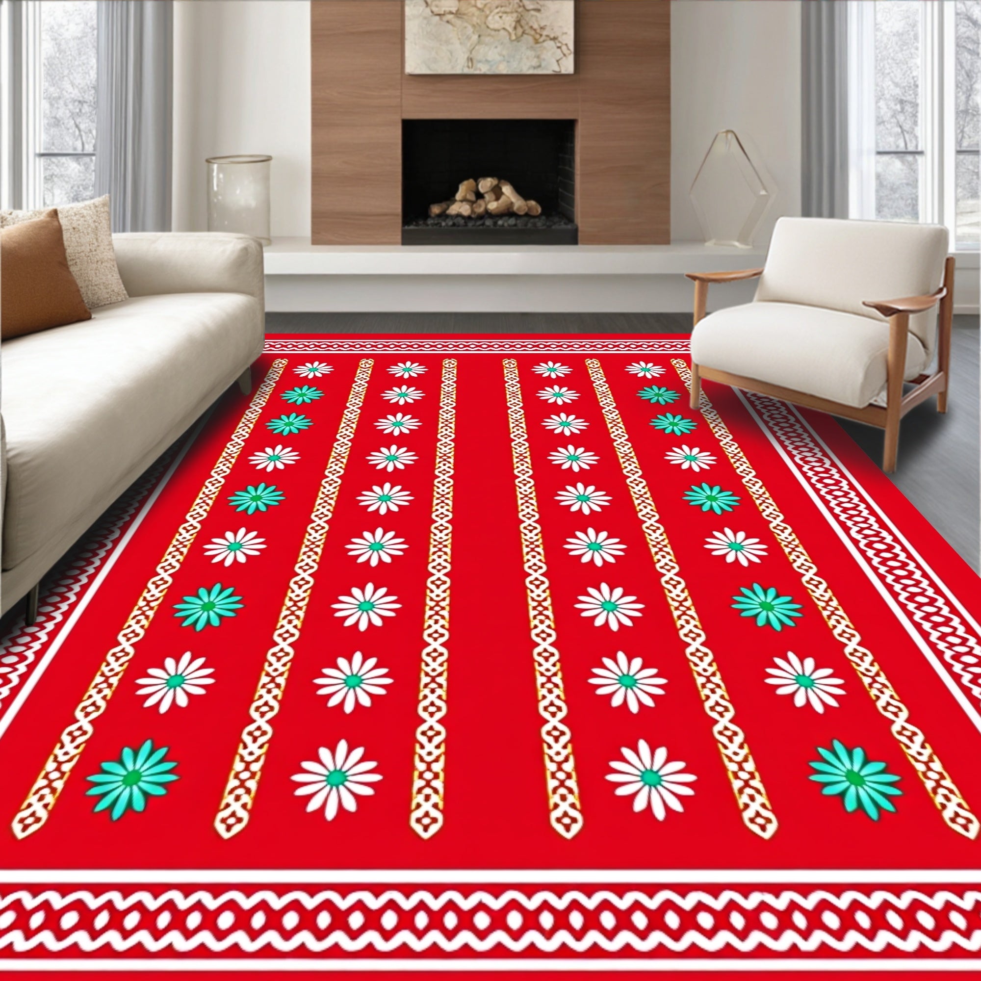 Bold Red Floral Stripe Rug