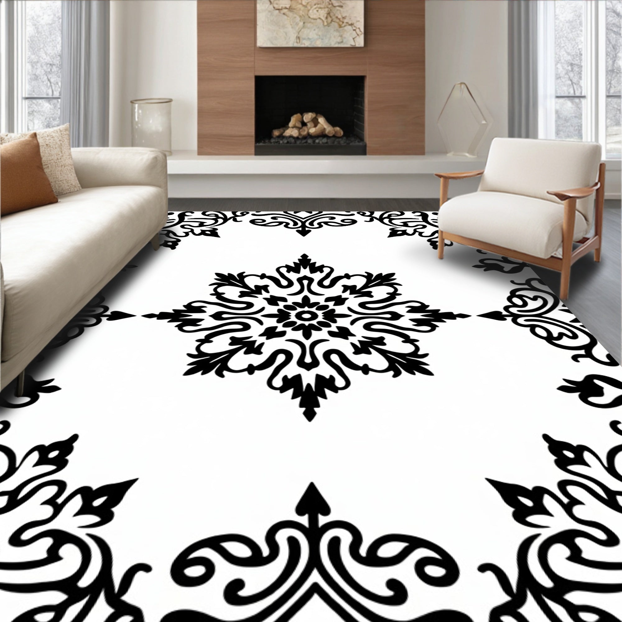 Black and White Scrollwork Medallion Rug