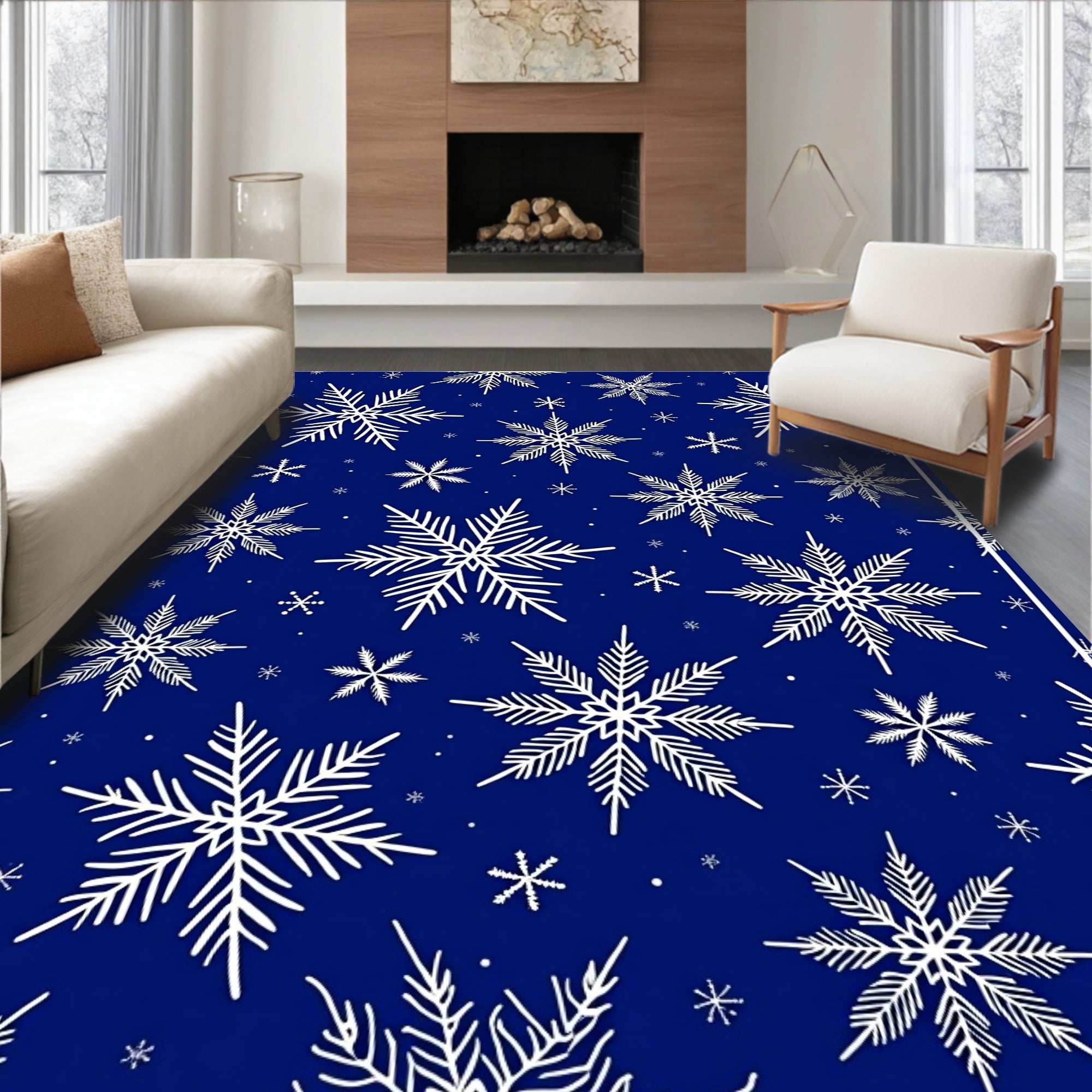 Deep Blue White Snowflake Medley Rug