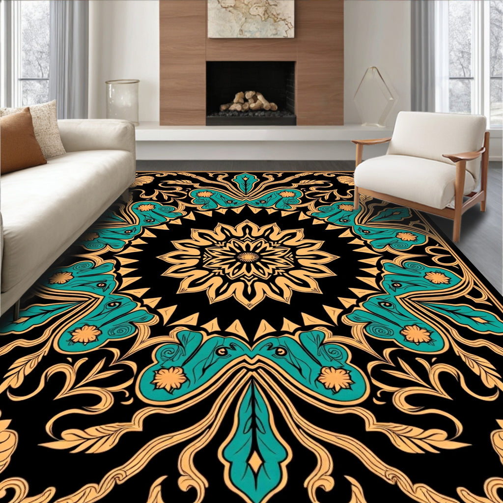 Teal Ochre Floral Butterfly Mandala Rug