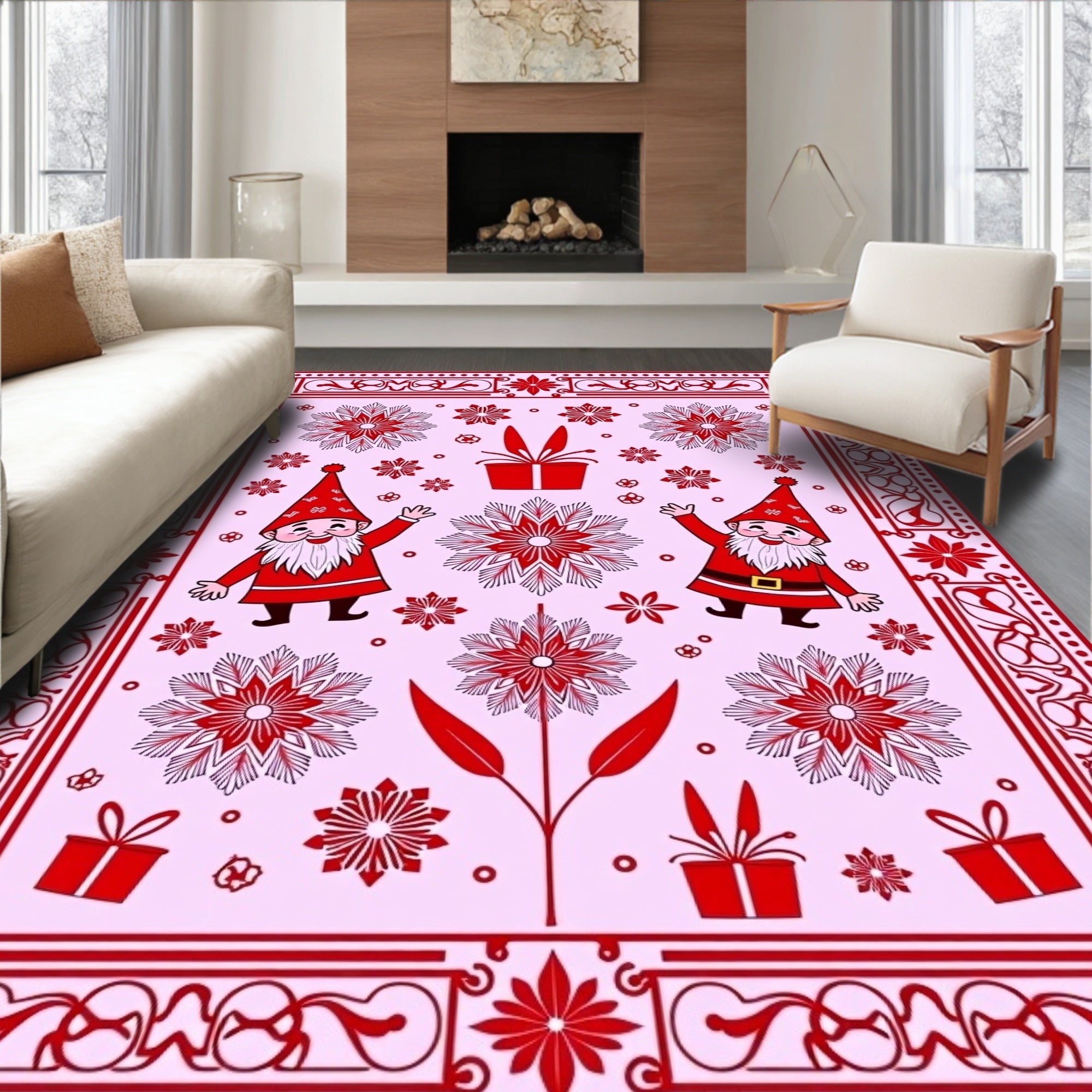 Red Gnome Snowflake Christmas Ornament Rug