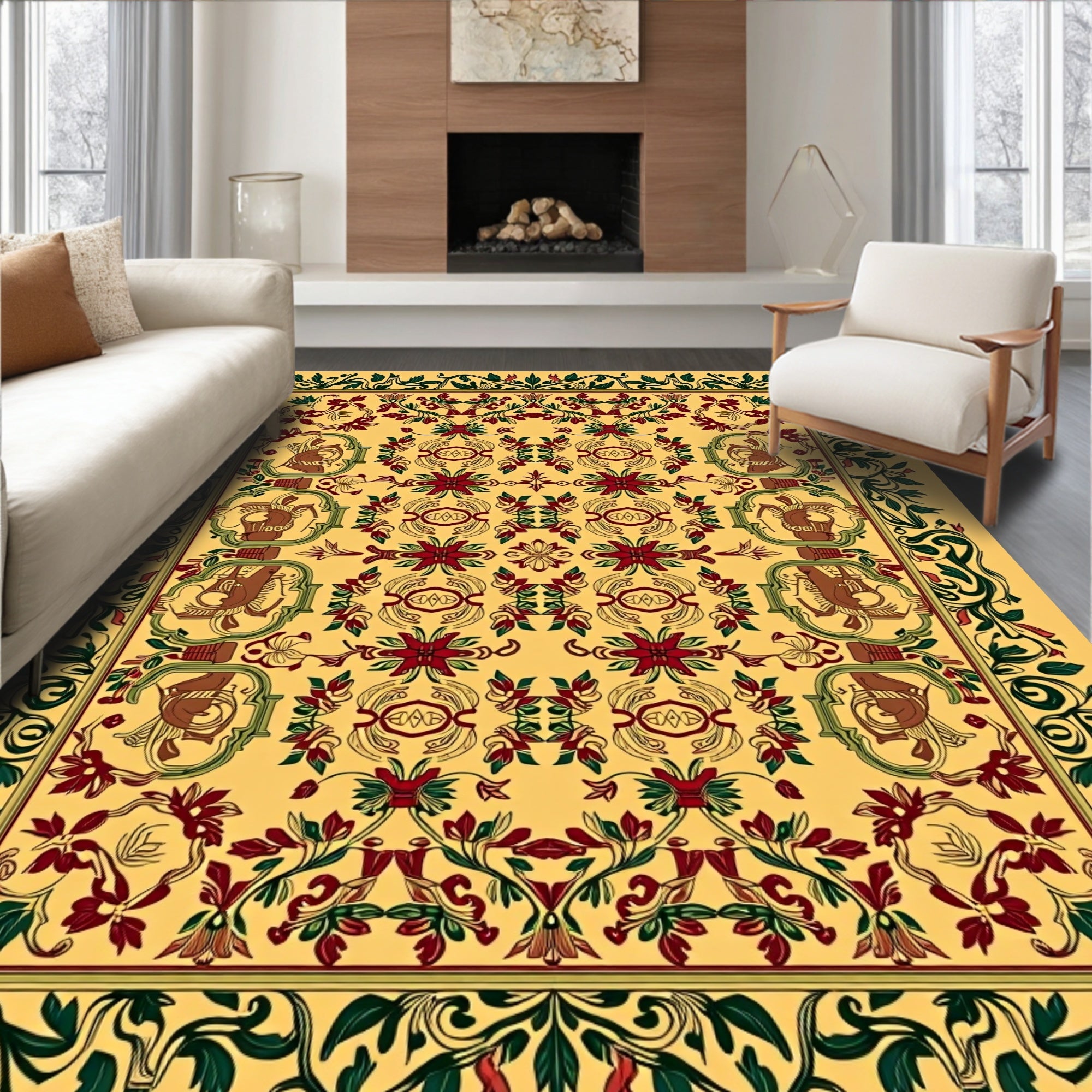 Golden Saffron Floral Animal Border Rug