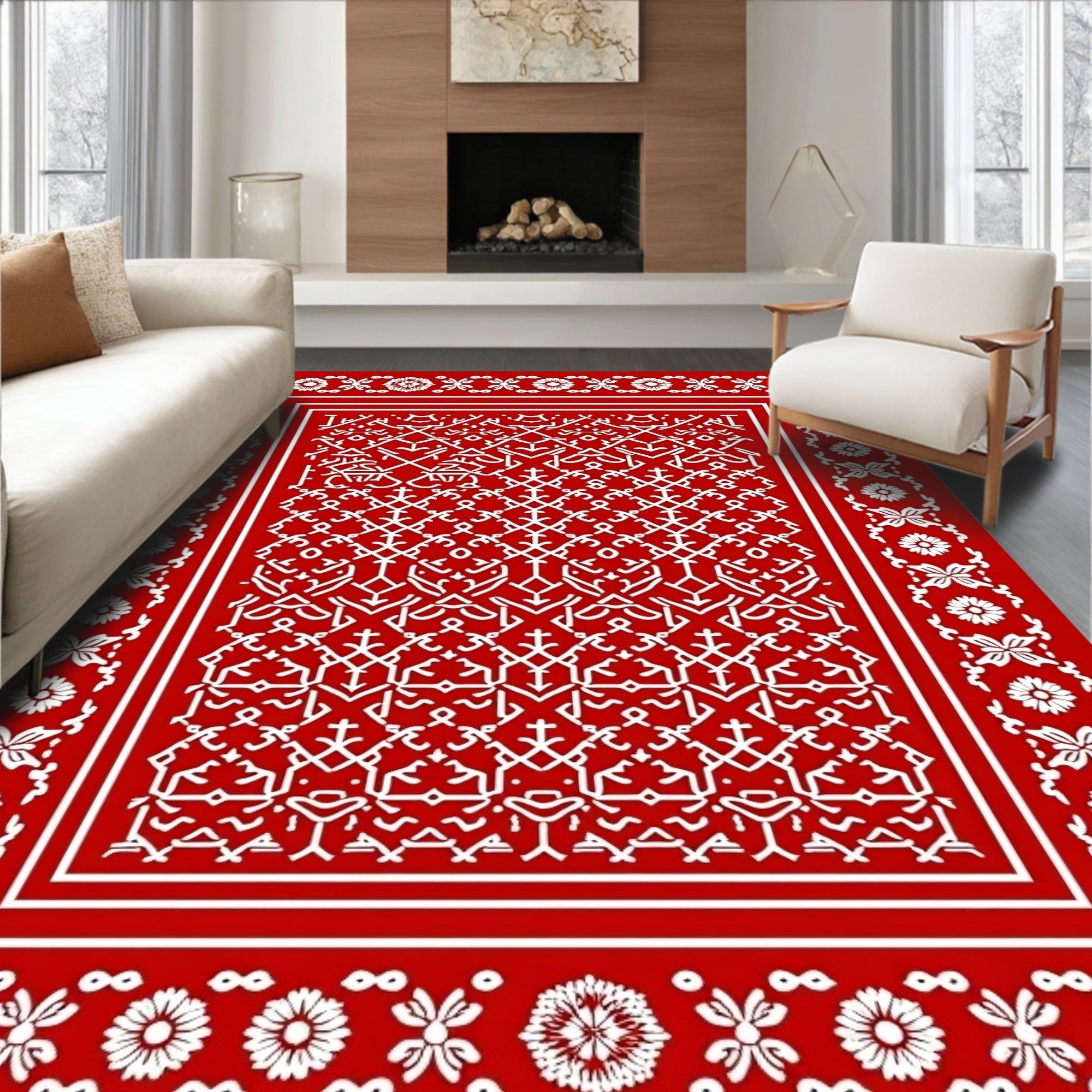 Bold Red White Geometric Medallion Rug