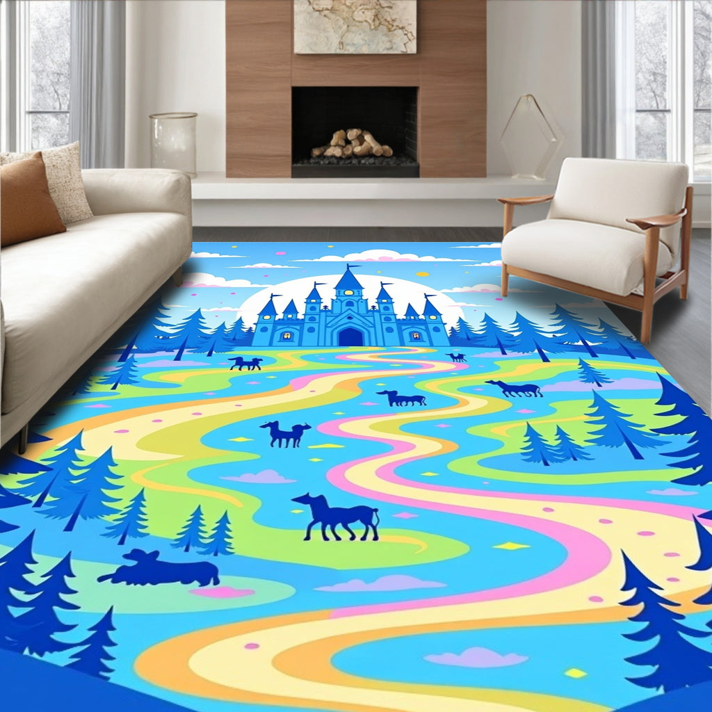 Whimsical Blue Castle Rainbow Path Rug