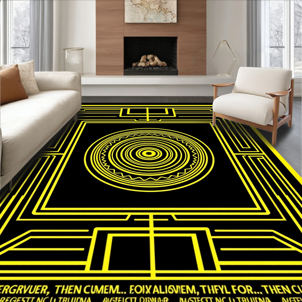 Black Yellow Geometric Concentric Circle Rug