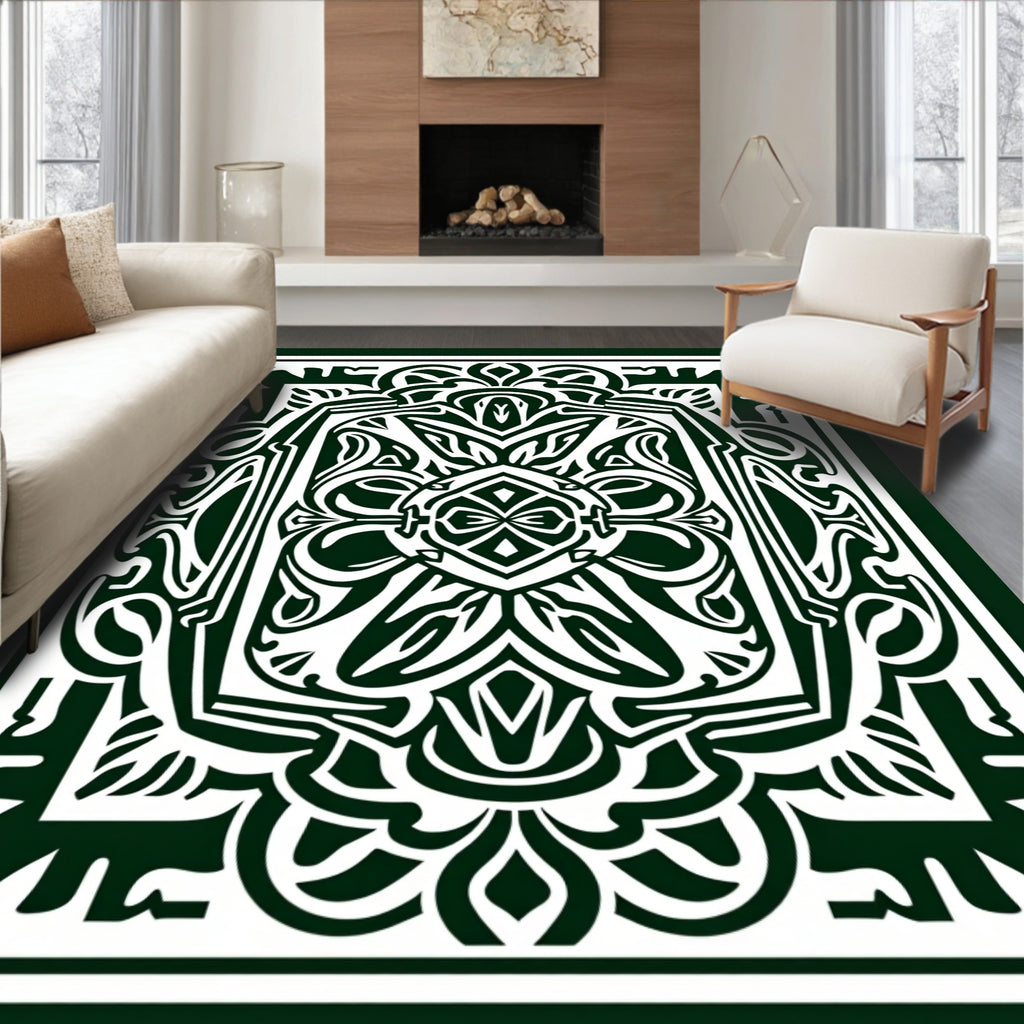 Dark Green Ornate Floral Crest Rug