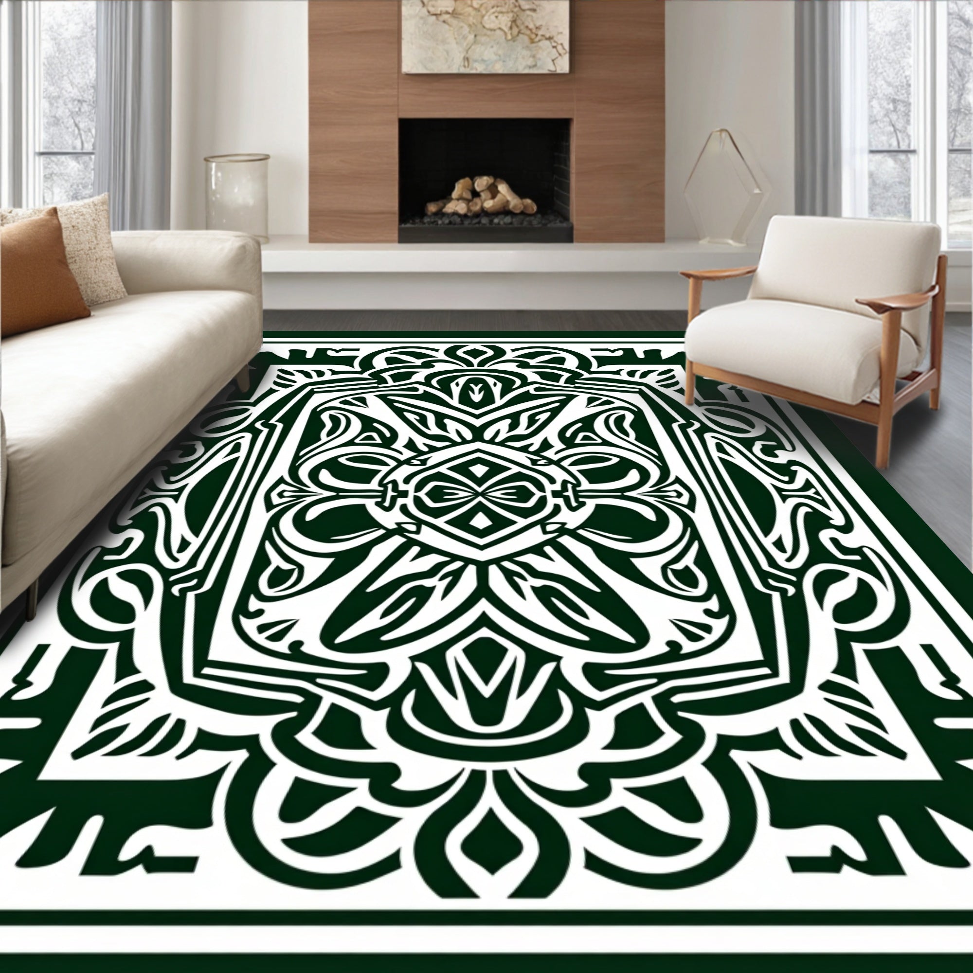 Dark Green Ornate Floral Crest Rug