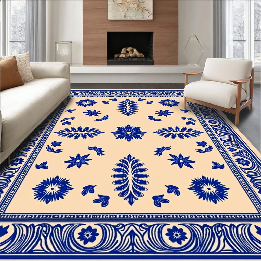 Blue Floral Cream Border Rug